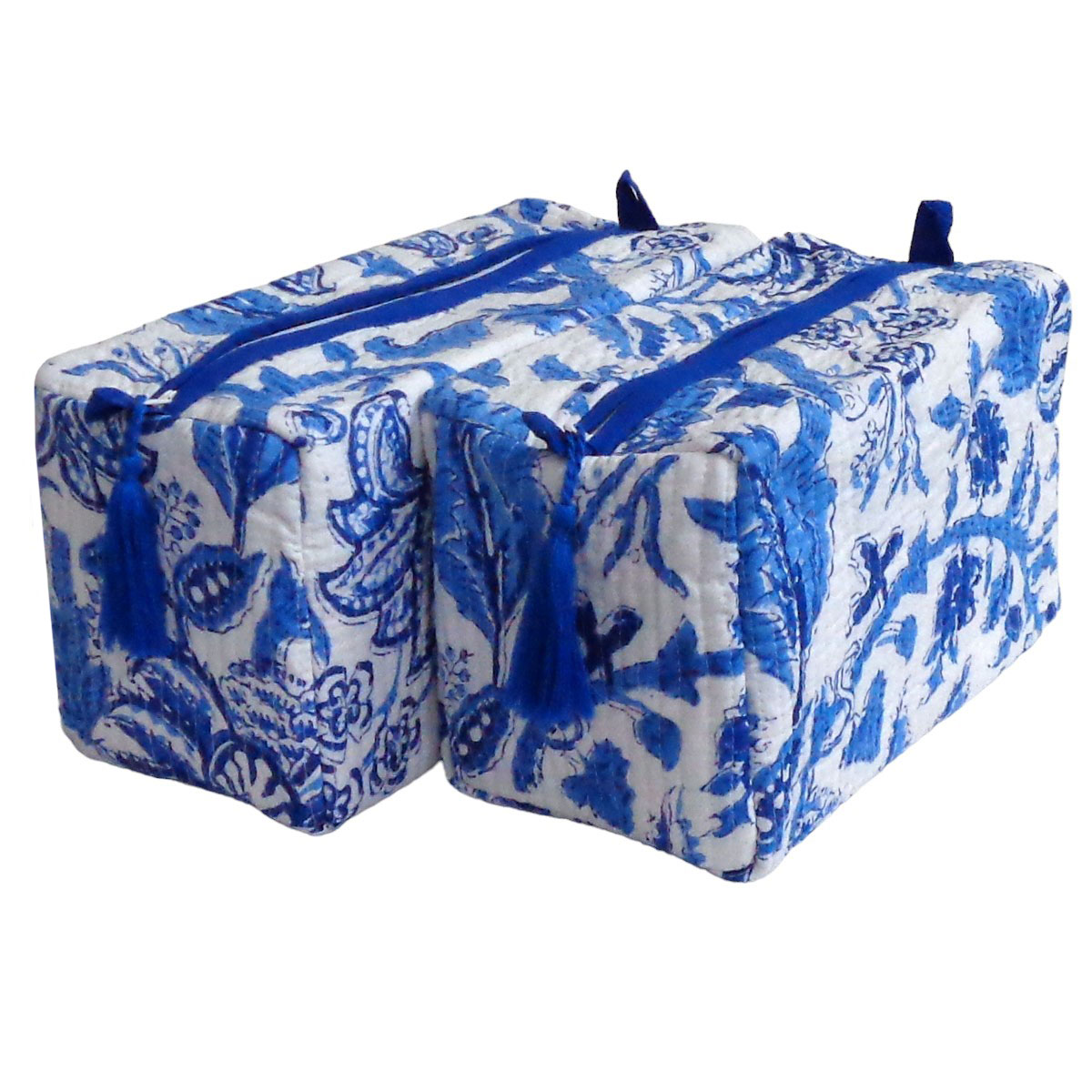 Hand Block Printed Cotton Quilted Cosmetic Bag Set of 2 Anarkali Blue Open 106795