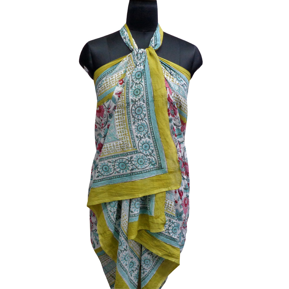 Beach Wrap Sarong Womens Swimwear Wraparound Pareo Soft Cotton Hand Block Printed Phuljhari Olive Open 208323
