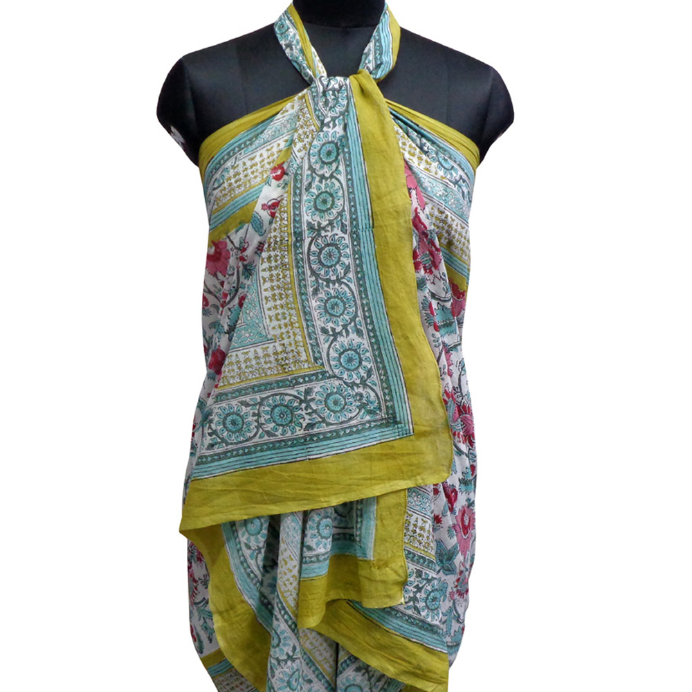 Beach Wrap Sarong Womens Swimwear Wraparound Pareo Soft Cotton Hand Block Printed Phuljhari Olive Open 208323