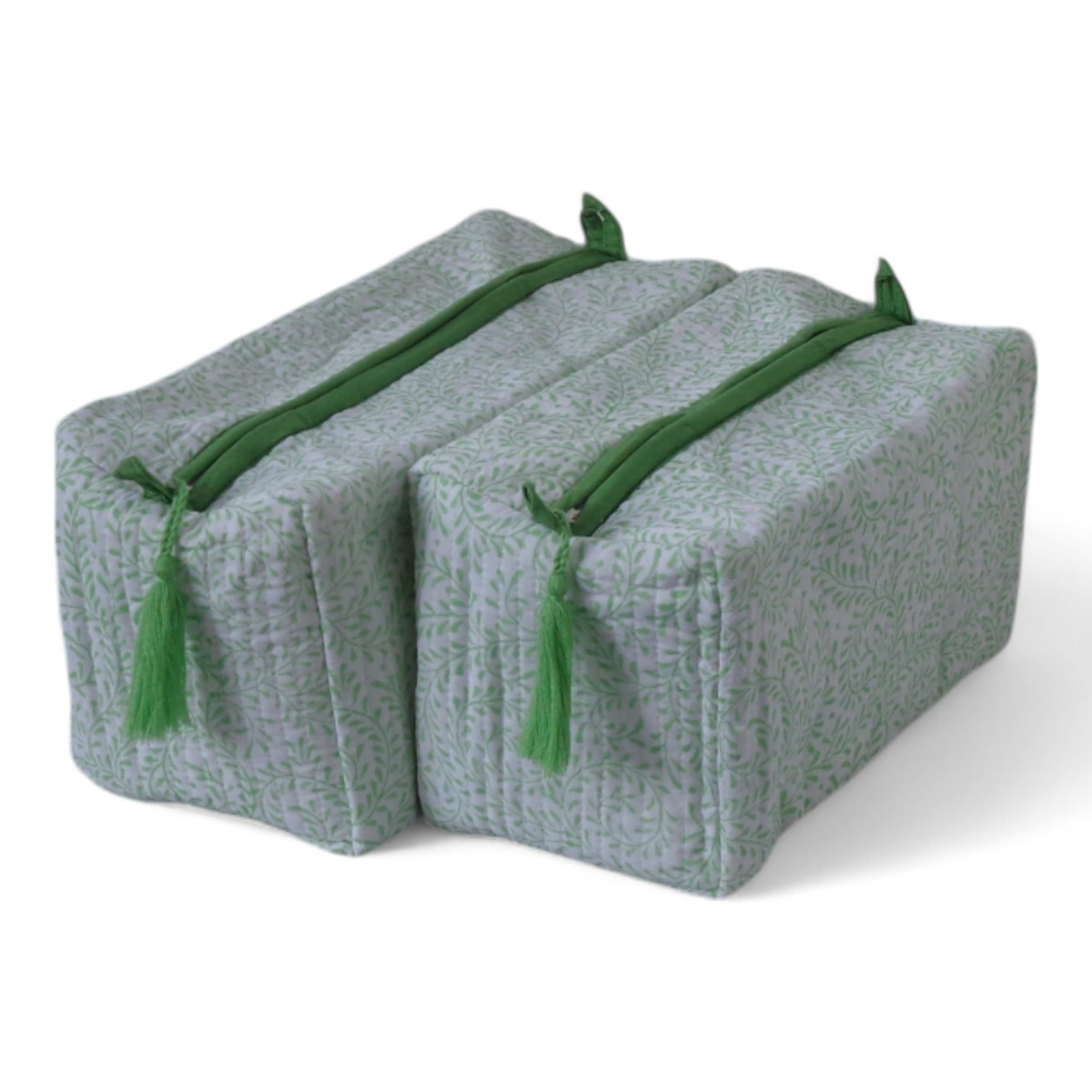 Hand Block Printed Cotton Quilted Cosmetic Bag Set of 2  Leaves Green 100470