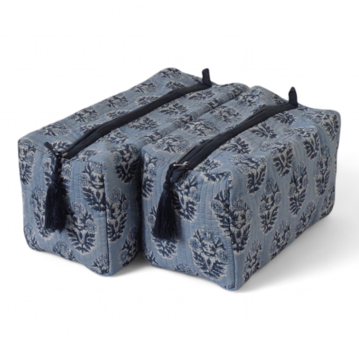 Hand Block Printed Cotton Quilted Cosmetic Bag Set of 2 Boota Starlight Gud 208645