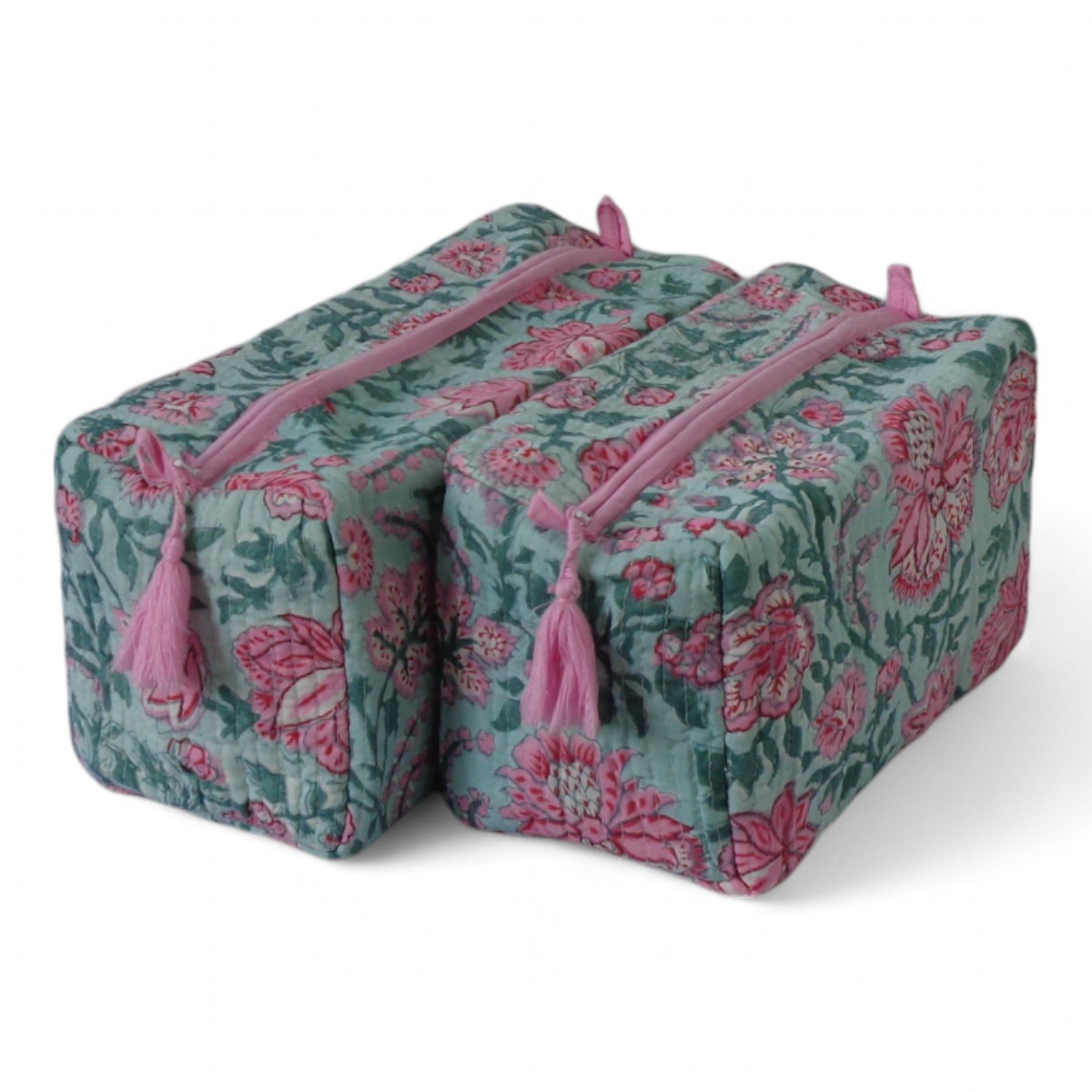 Hand Block Printed Cotton Quilted Cosmetic Bag Set of 2 Mohini Green Gud 620605