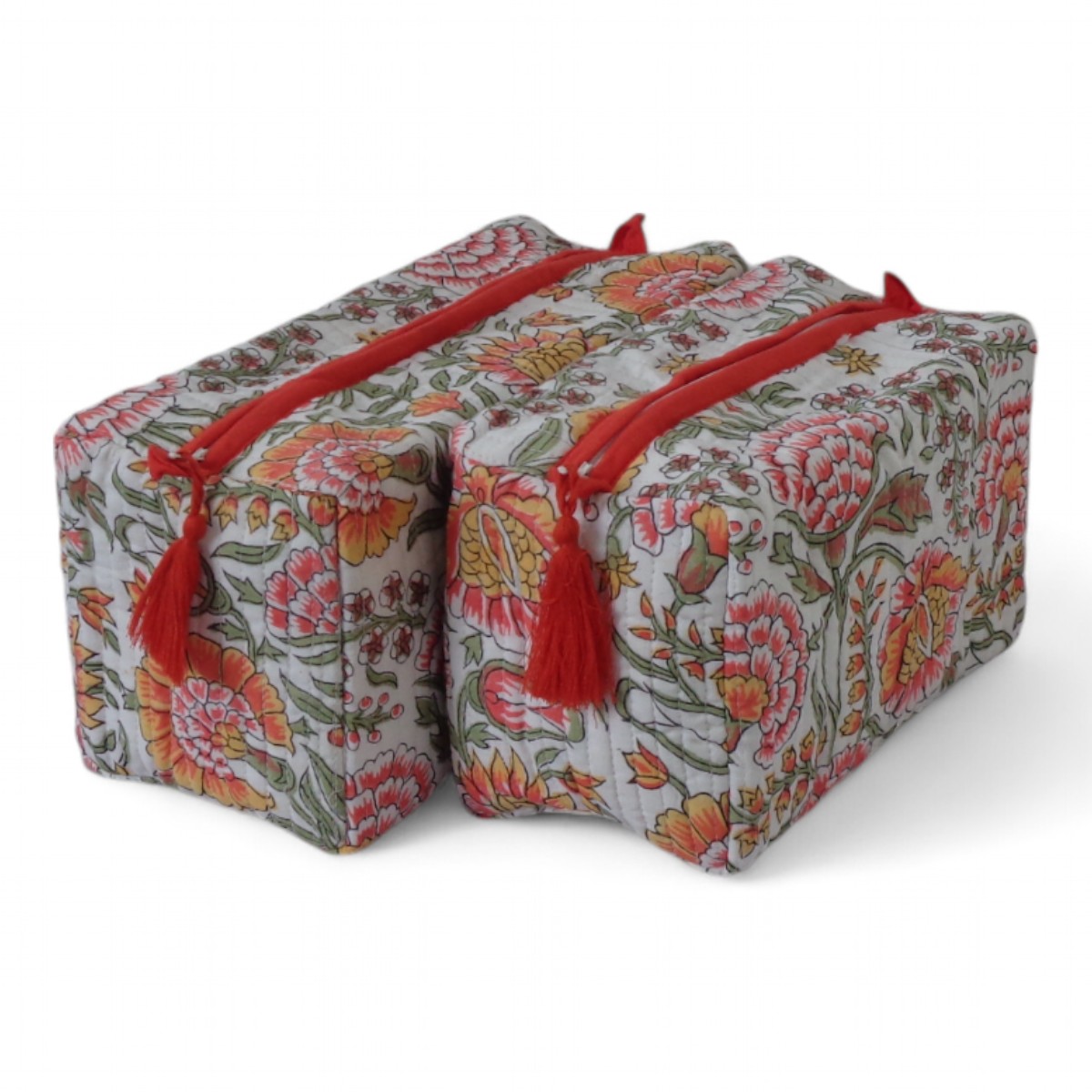 Hand Block Printed Cotton Quilted Cosmetic Bag Set of 2 Reshma Sea Green Open 203253