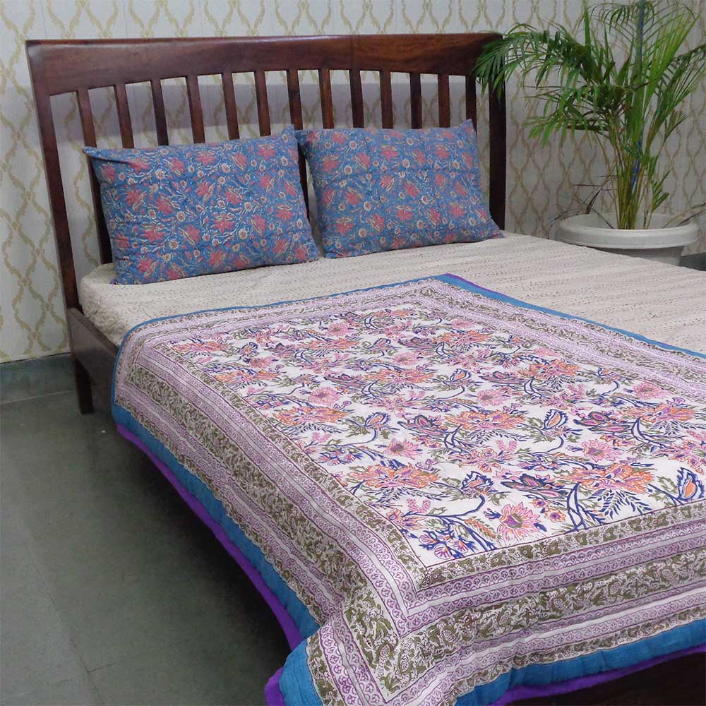 Baby Quilt for Toddler Hand Block Printed  Misty Blue 509302