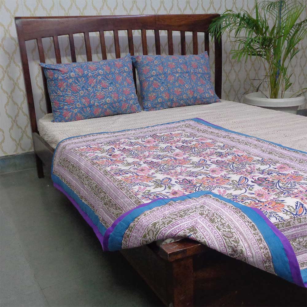 Baby Quilt for Toddler Hand Block Printed  Misty Blue 509302