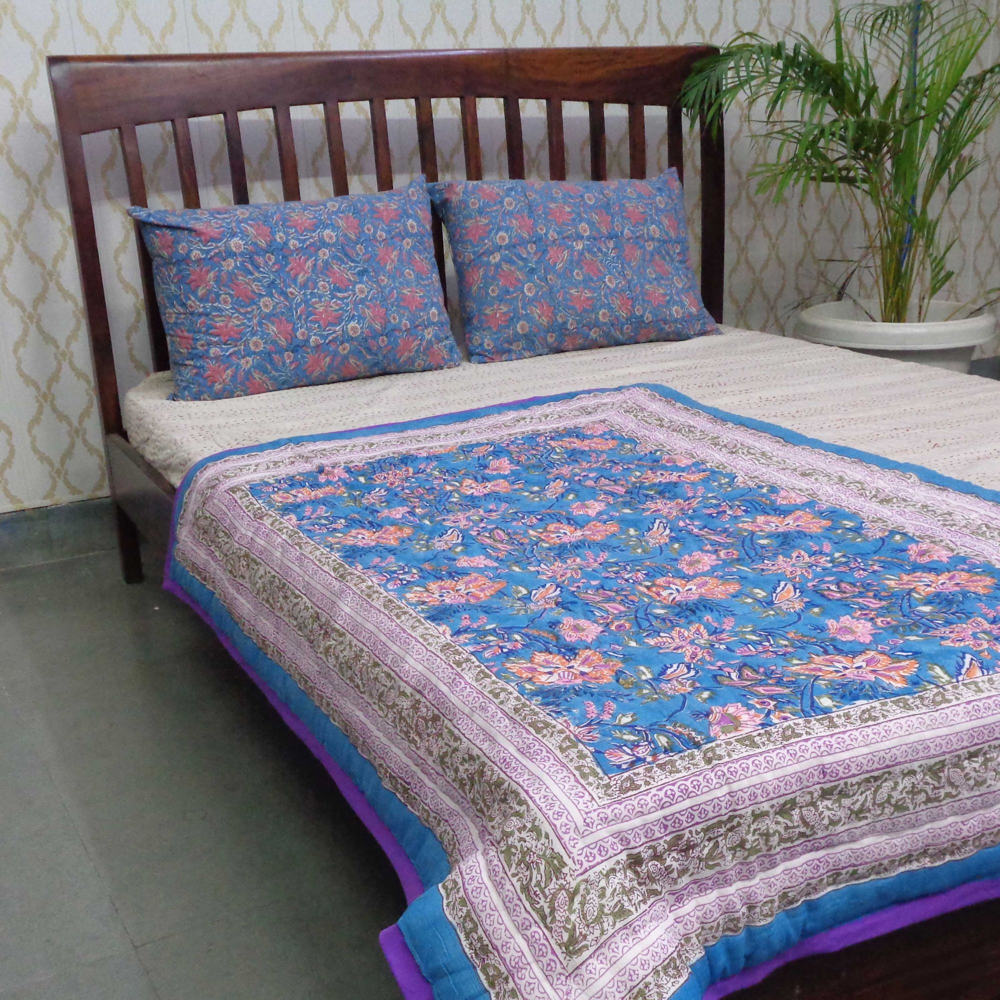 Baby Quilt for Toddler Hand Block Printed  Misty Blue 509302