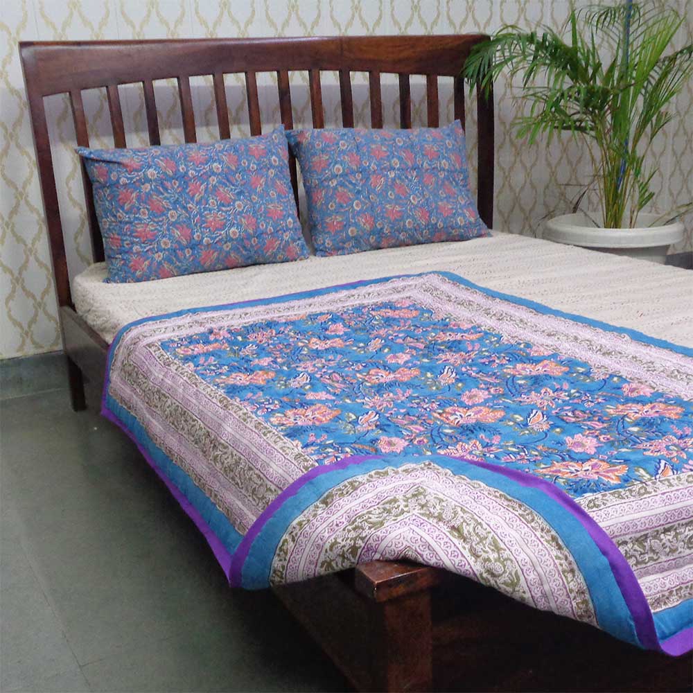 Baby Quilt for Toddler Hand Block Printed  Misty Blue 509302