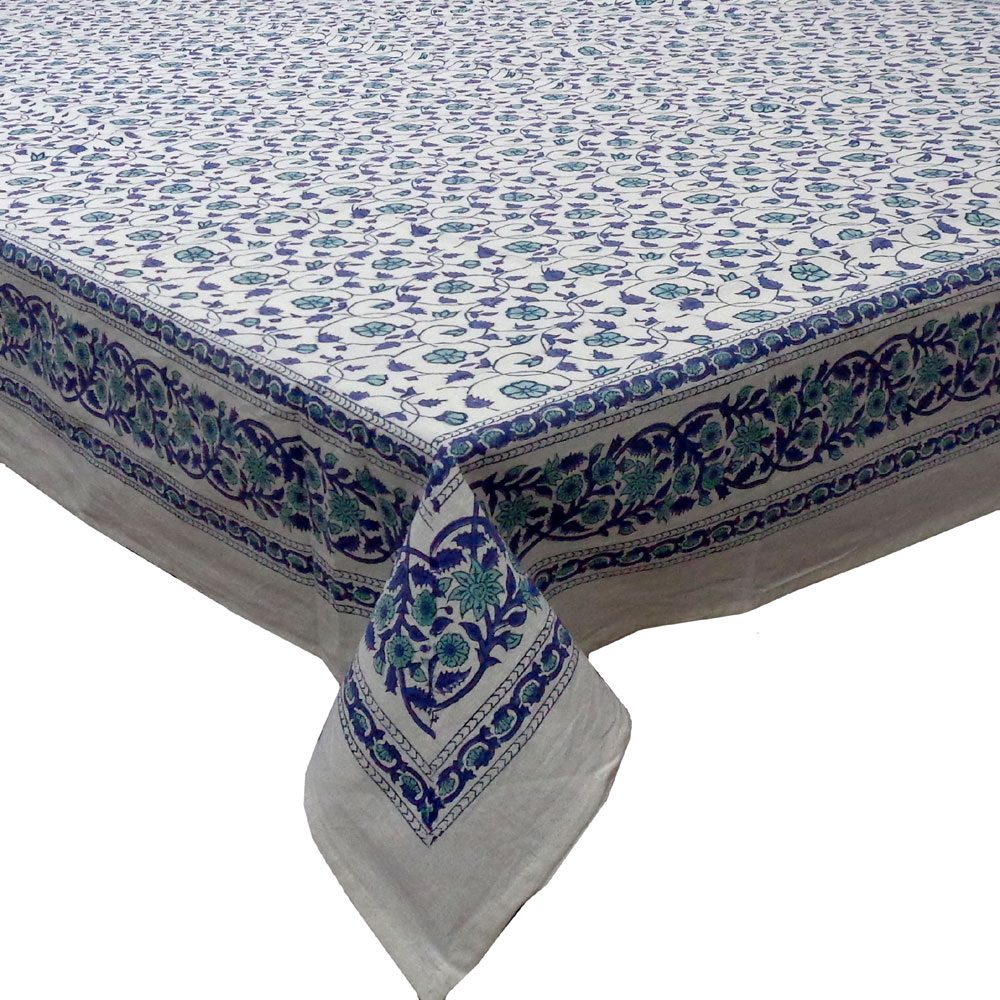 Tablecloth 12 seater in Cotton Hand Block Printed Cotton Tablecloth 180x340 cms Floral Kali Blue 203903