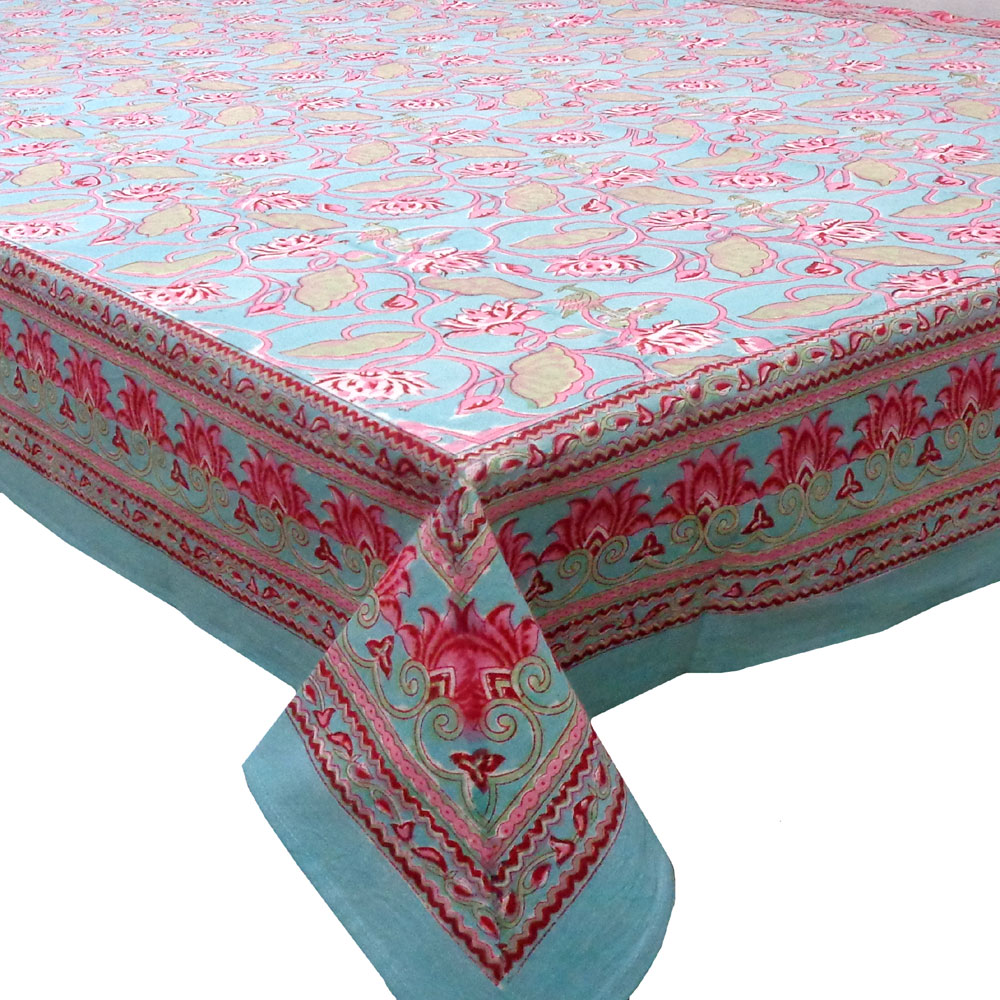 Hand Block Printed Cotton Tablecloth 180x270 Lotus Lake Jade 202202