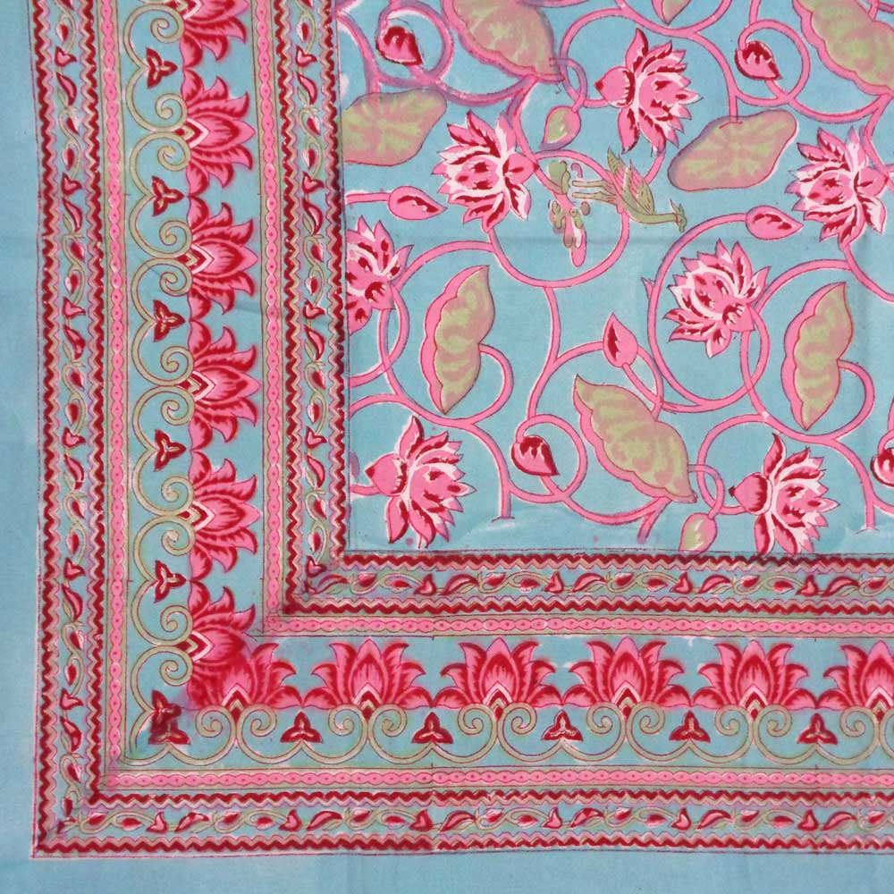 Hand Block Printed Cotton Tablecloth 180x270 Lotus Lake Jade 202202