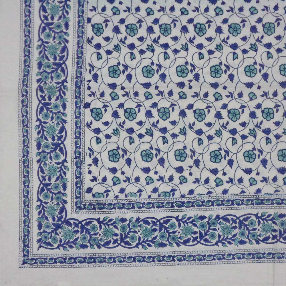 Hand Block Printed Cotton Tablecloth 150x220 cms Floral Kali Blue 203903