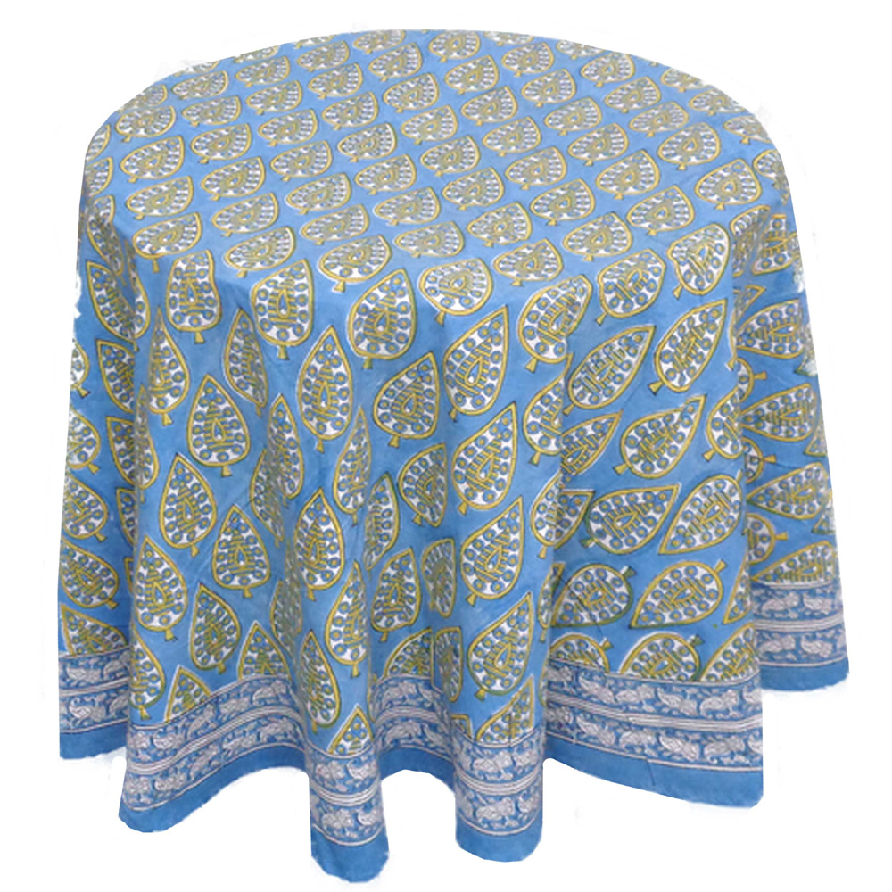 Hand Block Printed Cotton Round Tablecloth 220 cms Gola Patti Aqua 202301