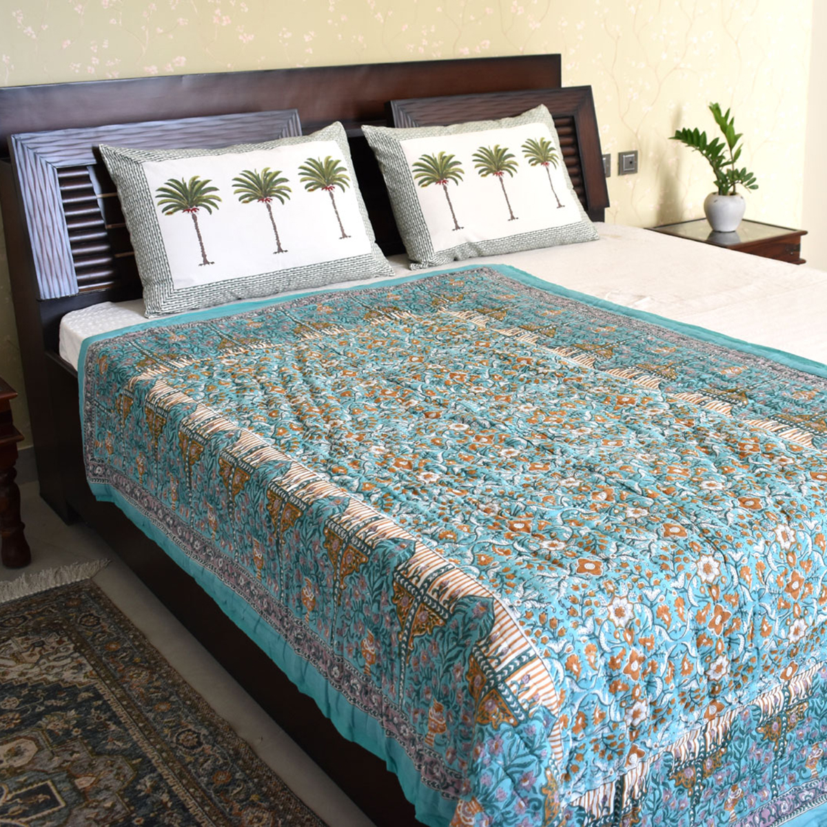 Hand Block Printed Cotton Twin Size Quilt Phulwari Blue Tint 701407