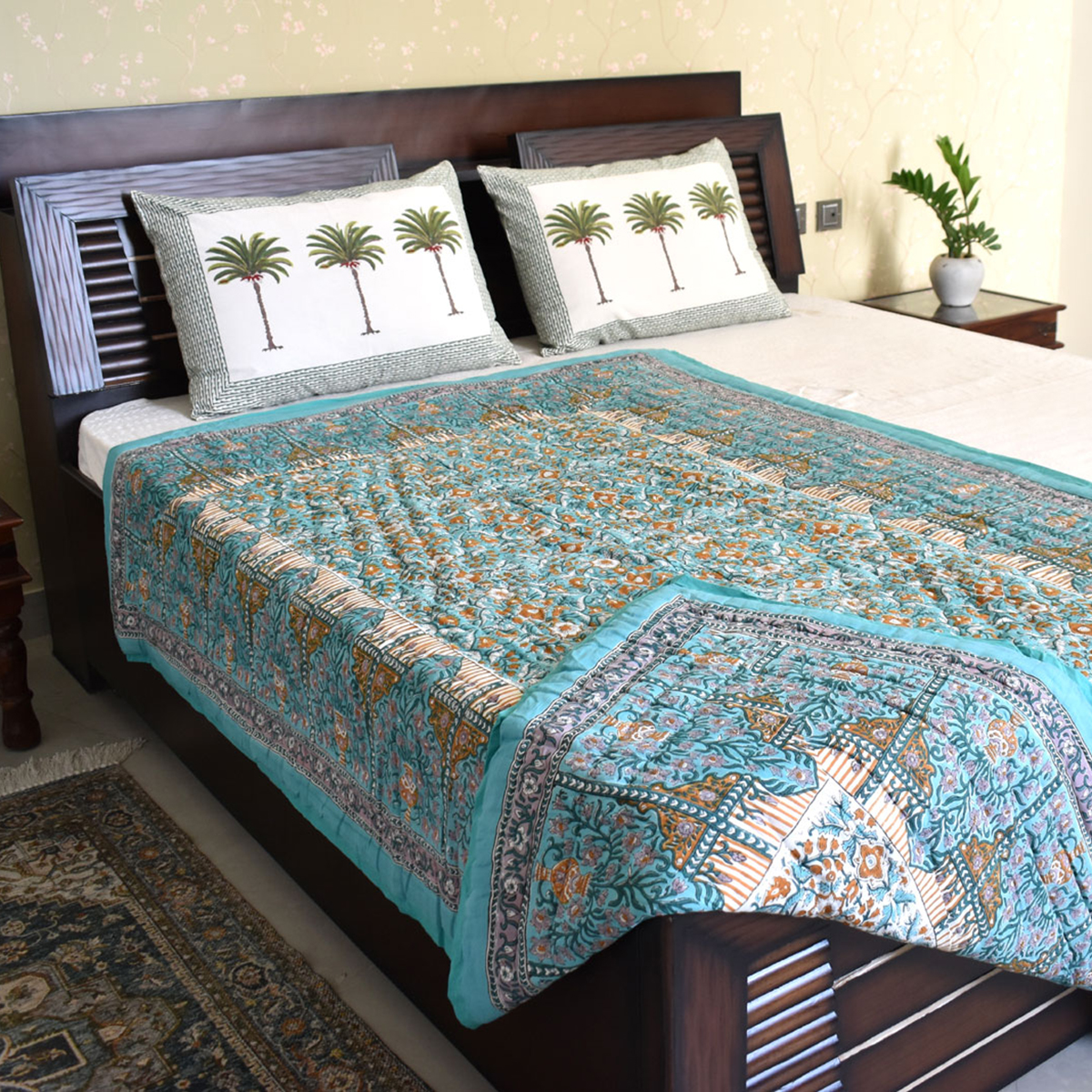 Hand Block Printed Cotton Twin Size Quilt Phulwari Blue Tint 701407