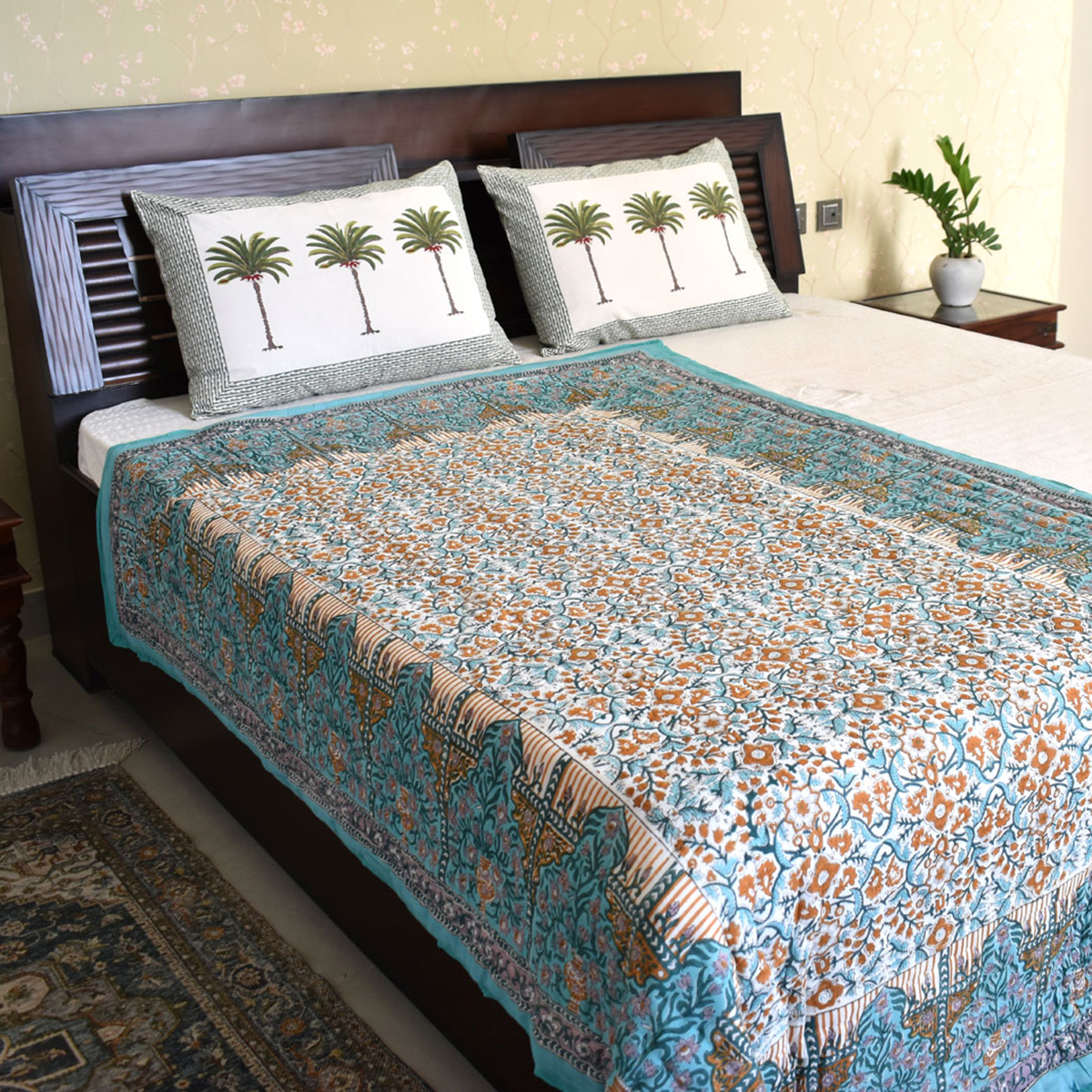 Hand Block Printed Cotton Twin Size Quilt Phulwari Blue Tint 701407