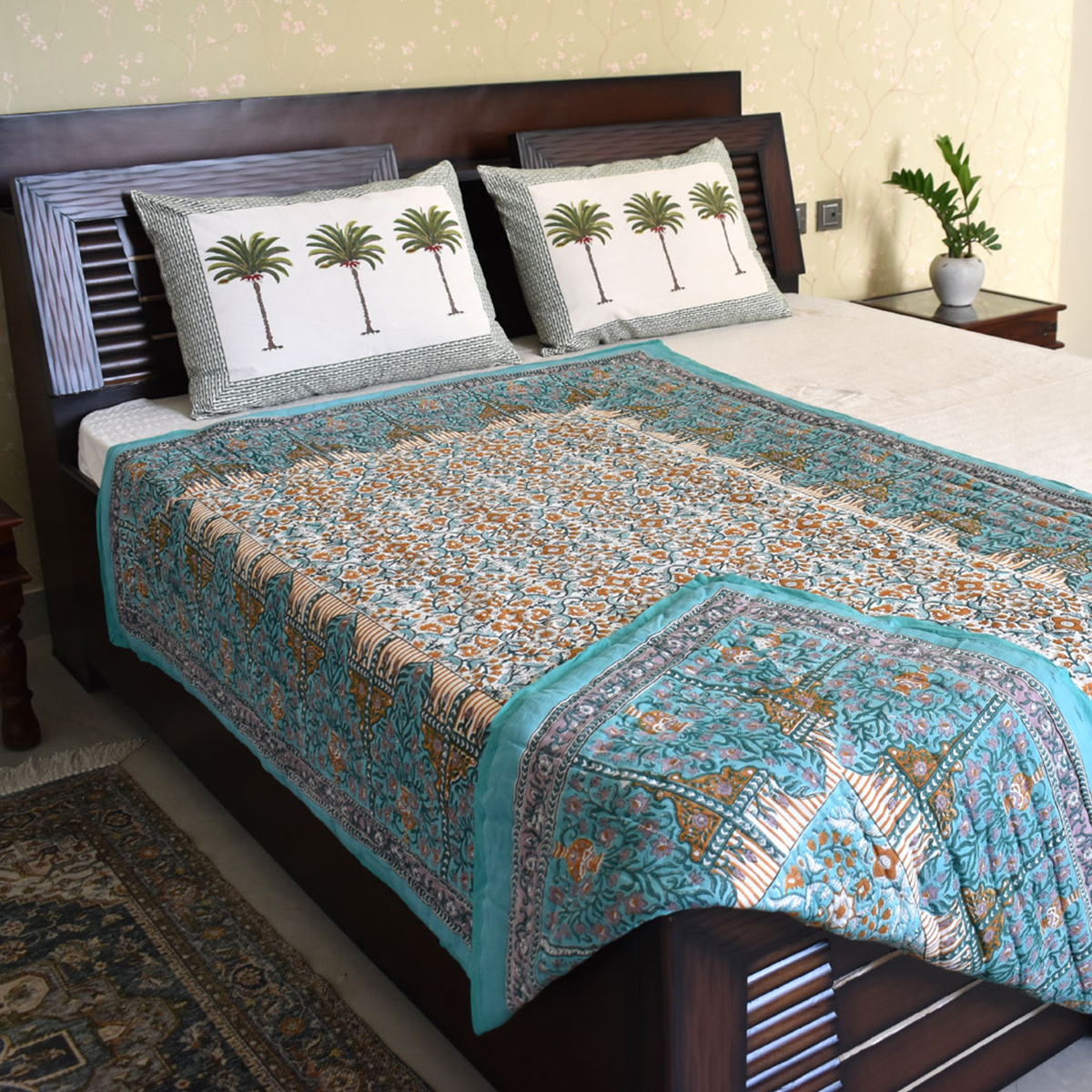 Hand Block Printed Cotton Twin Size Quilt Phulwari Blue Tint 701407