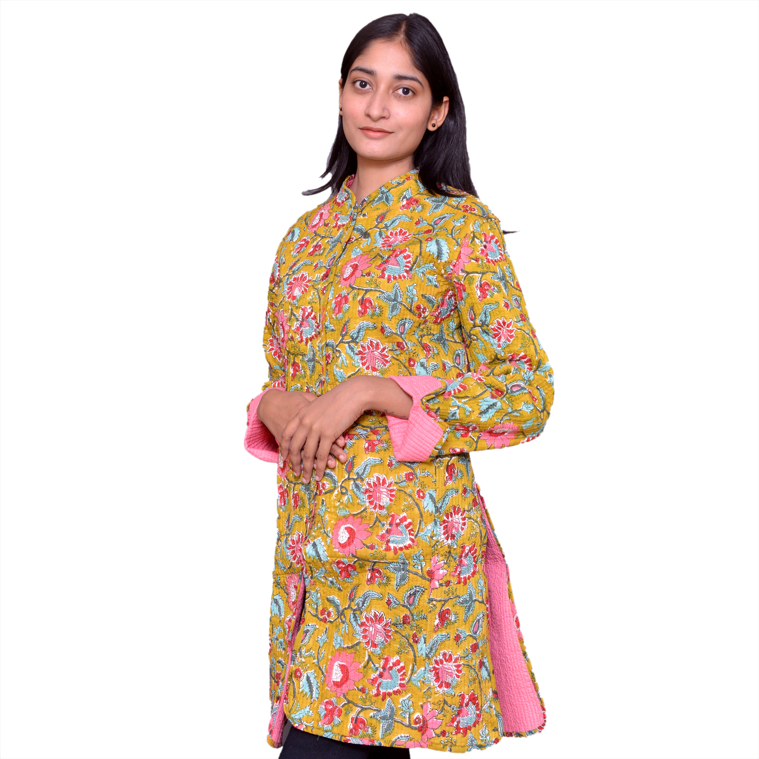 Quilted Jacket Size Long Length Phuljhari Olive Gud 103487