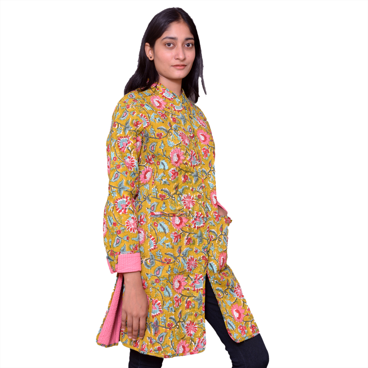 Quilted Jacket Size Long Length Phuljhari Olive Gud 103487