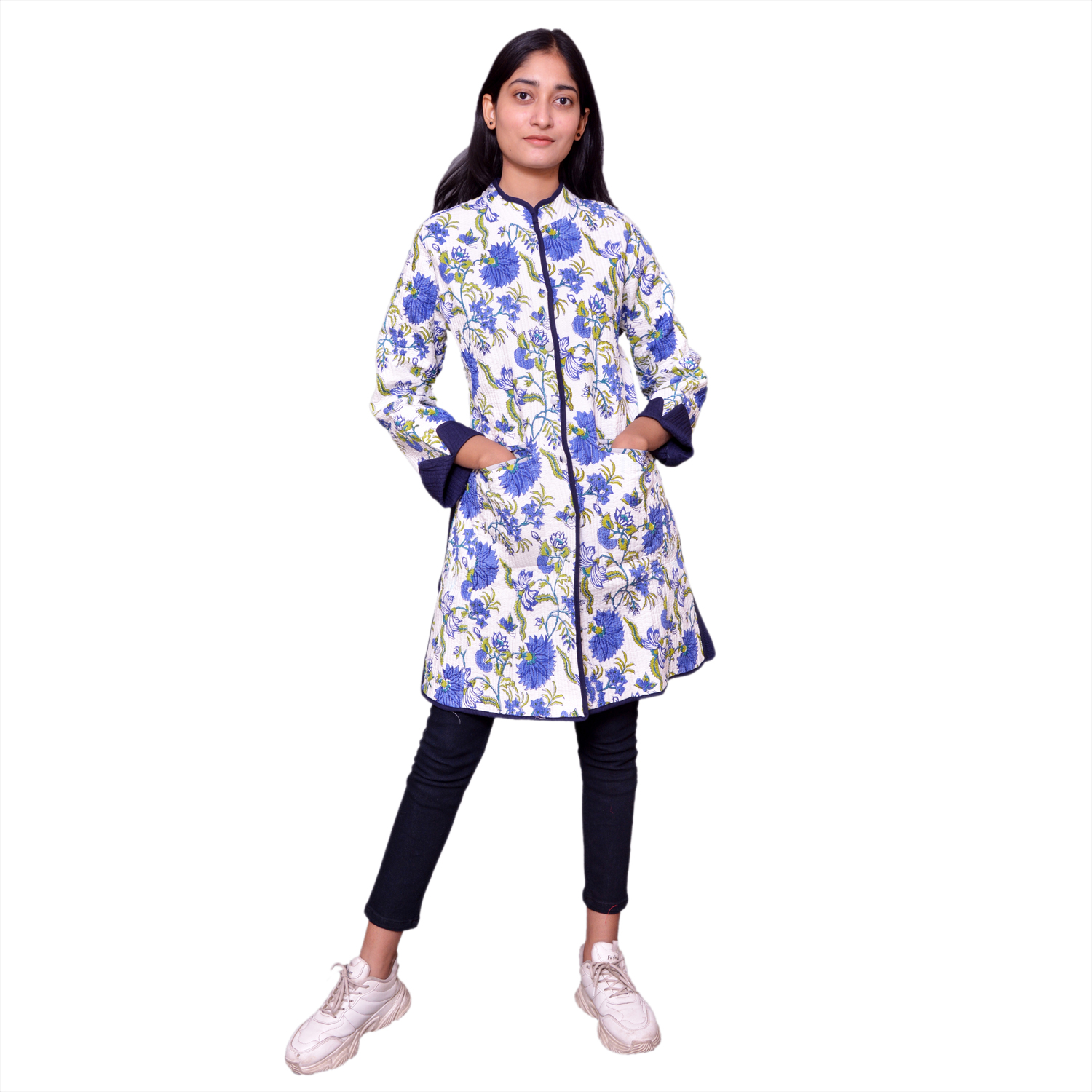 Quilted Jacket Size Long Length Flower Blossom Sea Green Open 100358