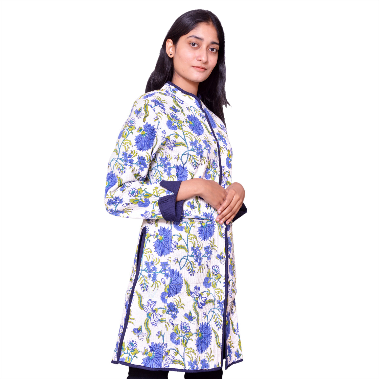 Quilted Jacket Size Long Length Flower Blossom Sea Green Open 100358