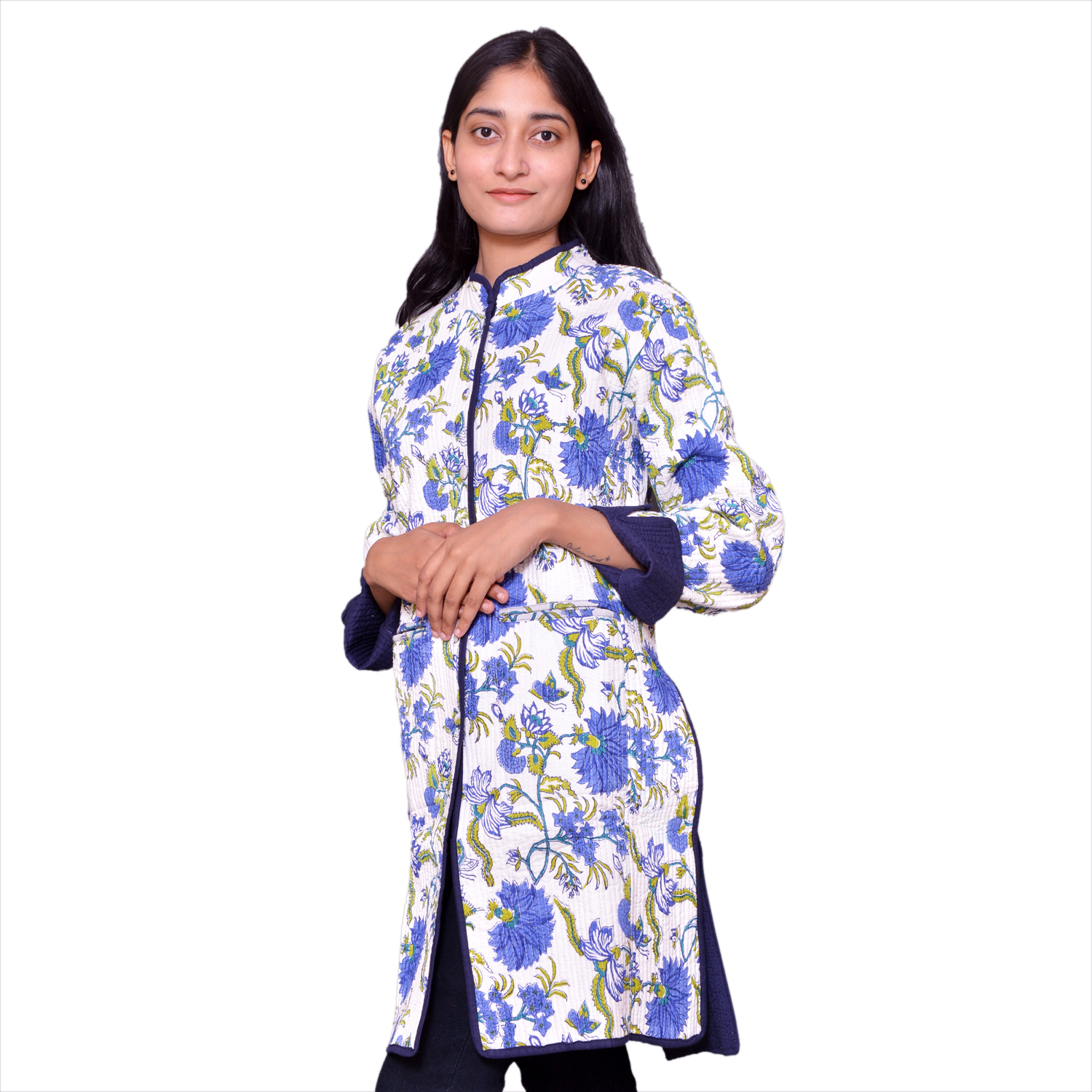 Quilted Jacket Size Long Length Flower Blossom Sea Green Open 100358