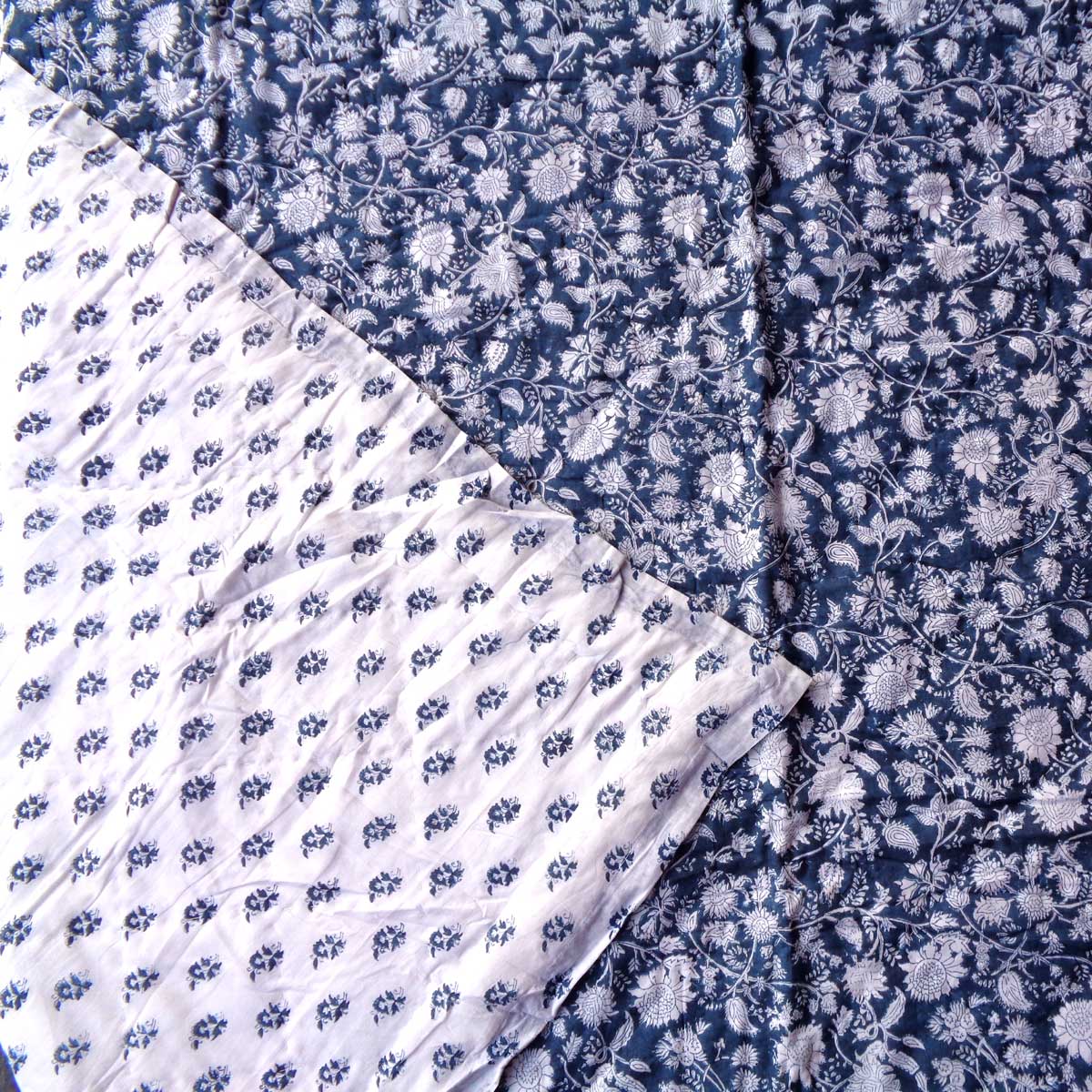 Block Printed Twin Medium Size Quilt Astral Blue Flower 300437