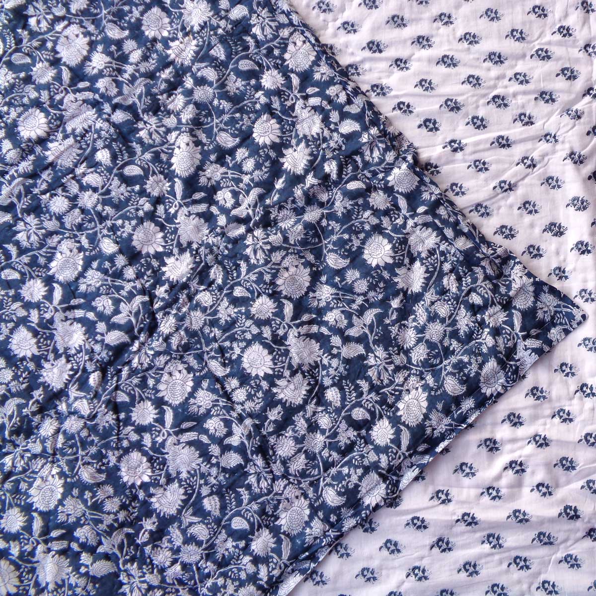 Block Printed Twin Medium Size Quilt Astral Blue Flower 300437