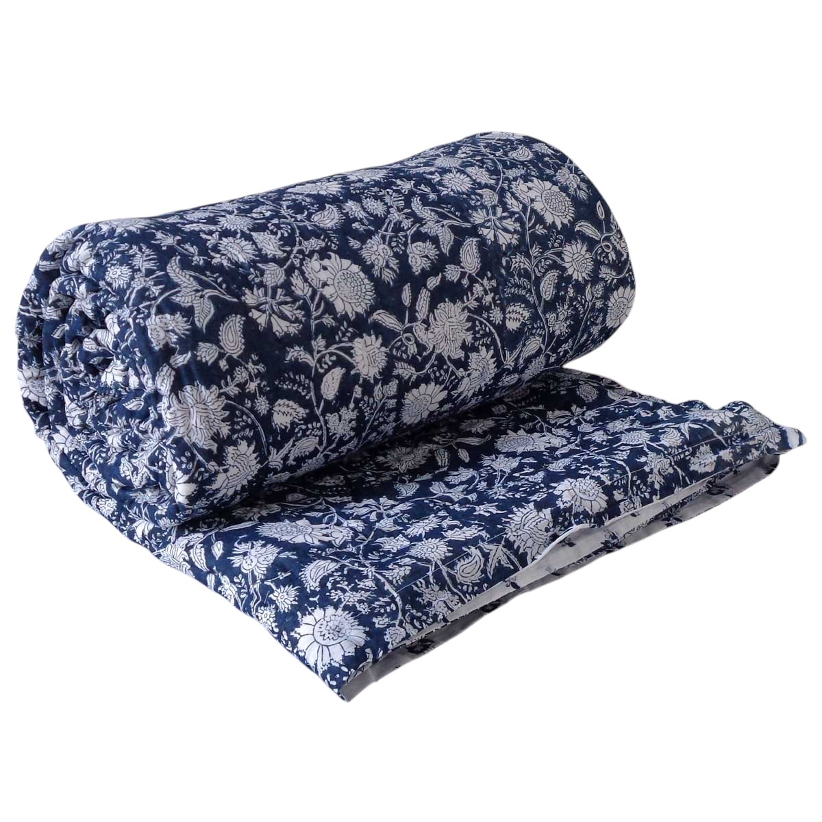 Block Printed Twin Medium Size Quilt Astral Blue Flower 300437