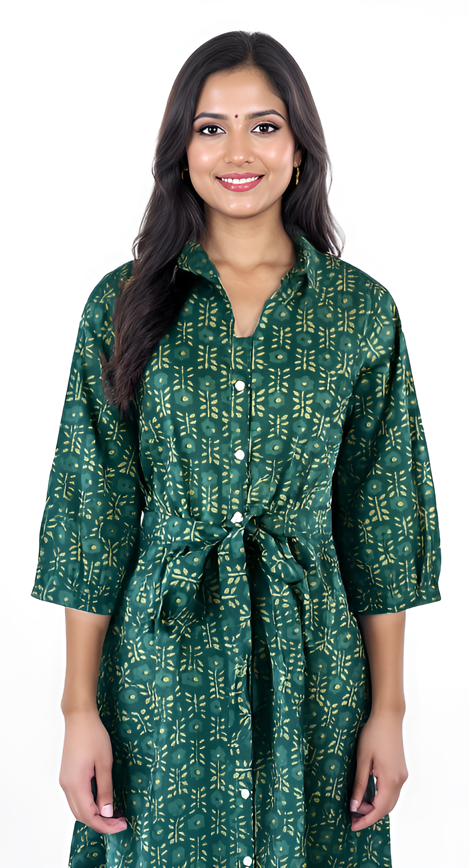 English Green Hand Printed Cotton Long Shirt Dress for Women