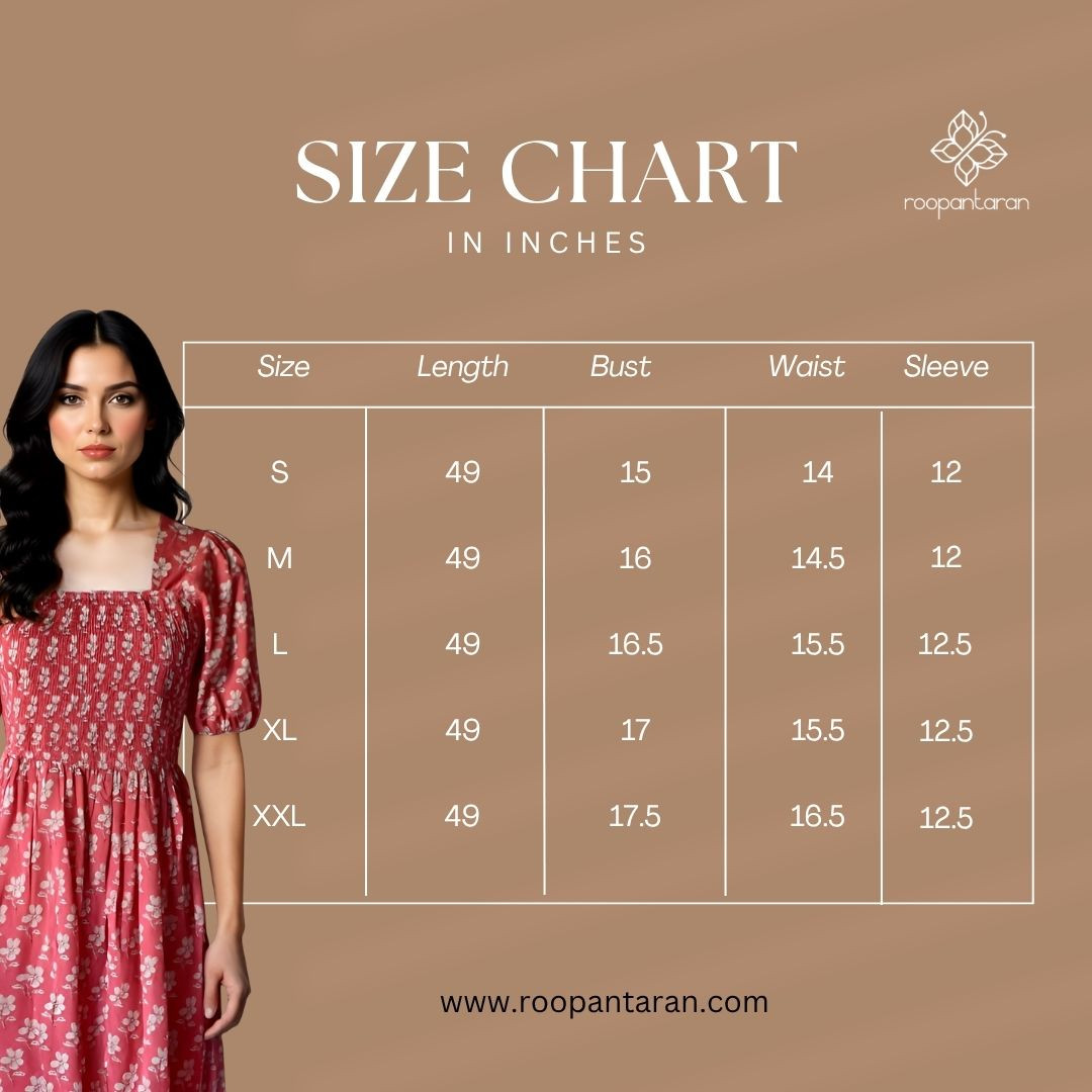 Smocking Dress Forest Green Printed Cotton Casual Wear