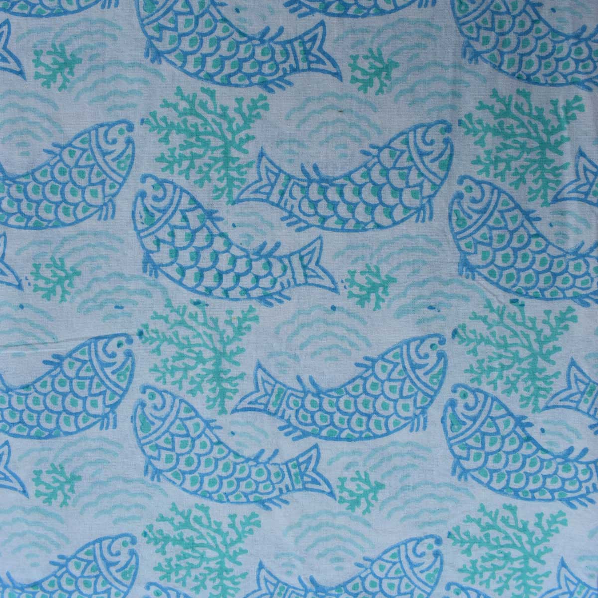 5 Yard Running Fabric Jaipur Block Printed Cotton 20 Sheeting Fabric African Fish Blue Mist 260713