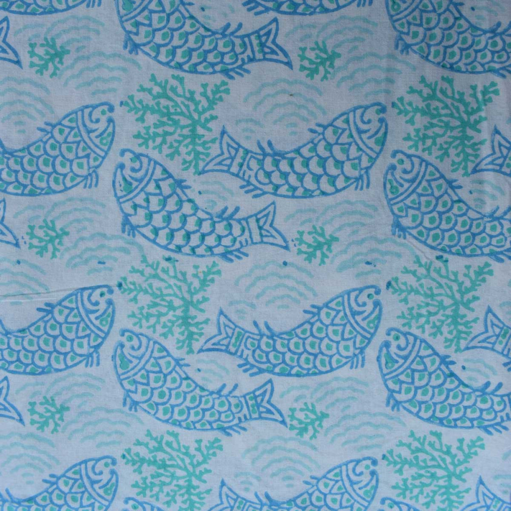Image of 5 Yard Running Fabric Jaipur Block Printed Cotton 20 Sheeting Fabric | African Fish Blue Mist 260713