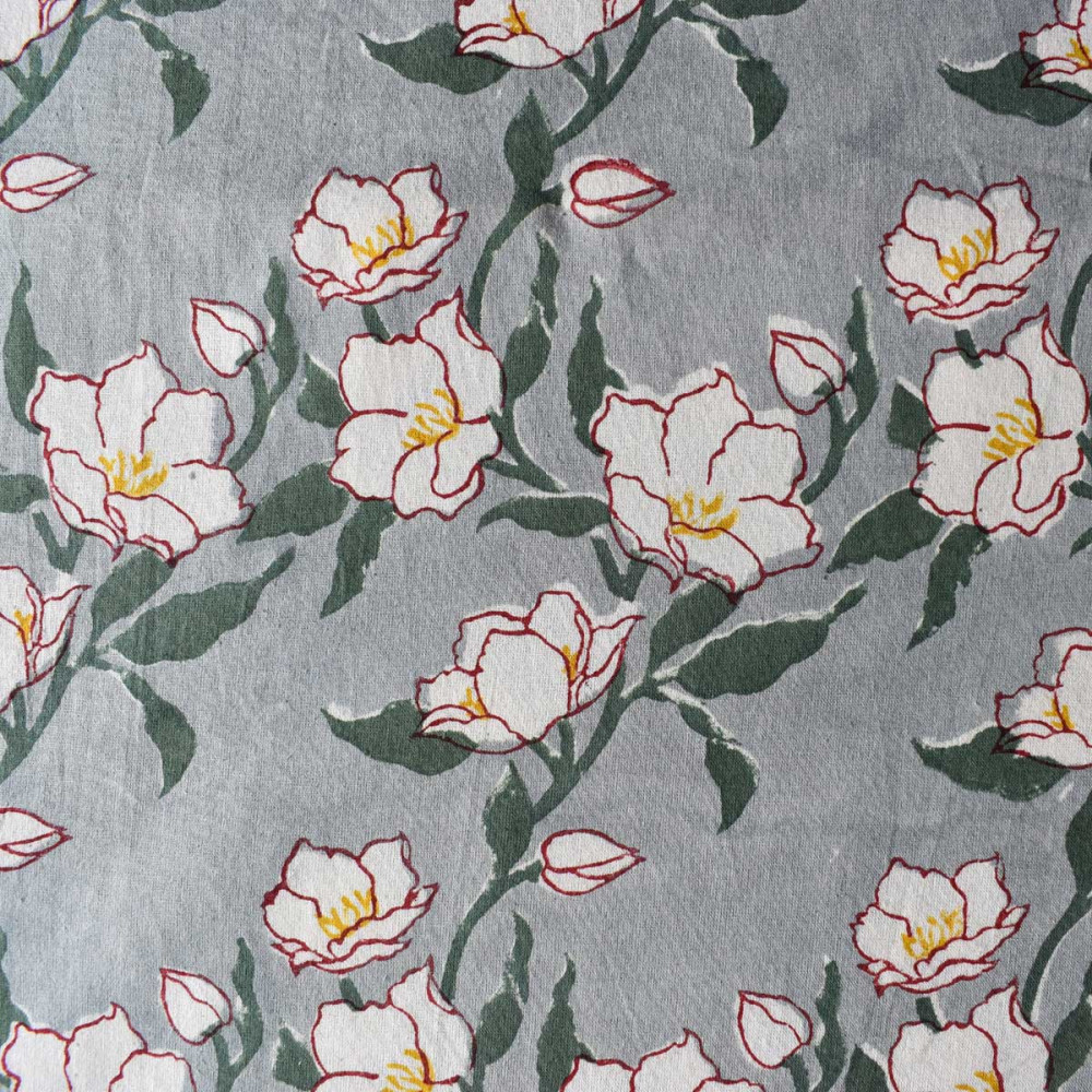 Image of Hand Block Printed on 100% Cotton 5 Yard  Fabric SANGANER | Camellia Snow Dusk 260419