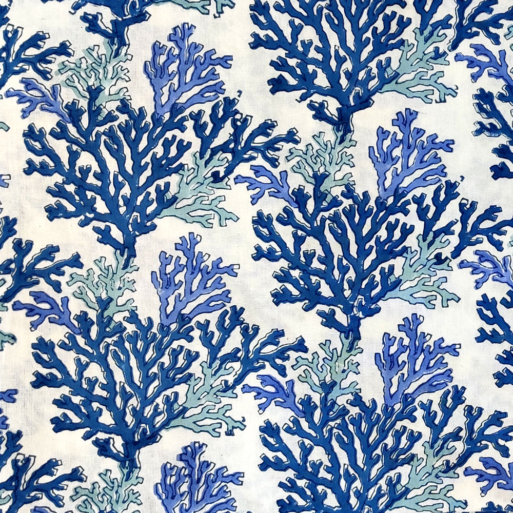 5 Yard Running Fabric  Hand Block Printed Cotton 20 Sheeting Fabric  Coral Multi Blue 502087