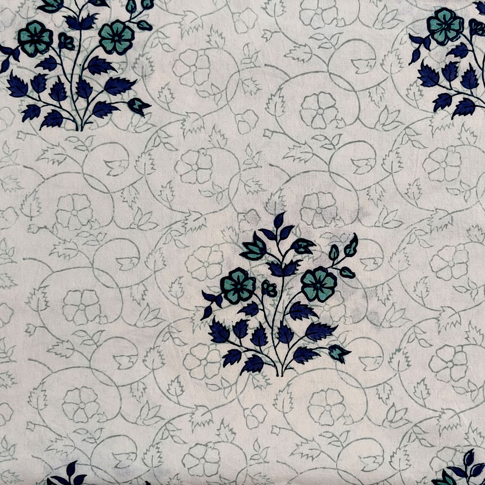 5 Yard Running Fabric Hand Block Printed Cotton 20 Sheeting Fabric Floral Kali Blue Boota 309470