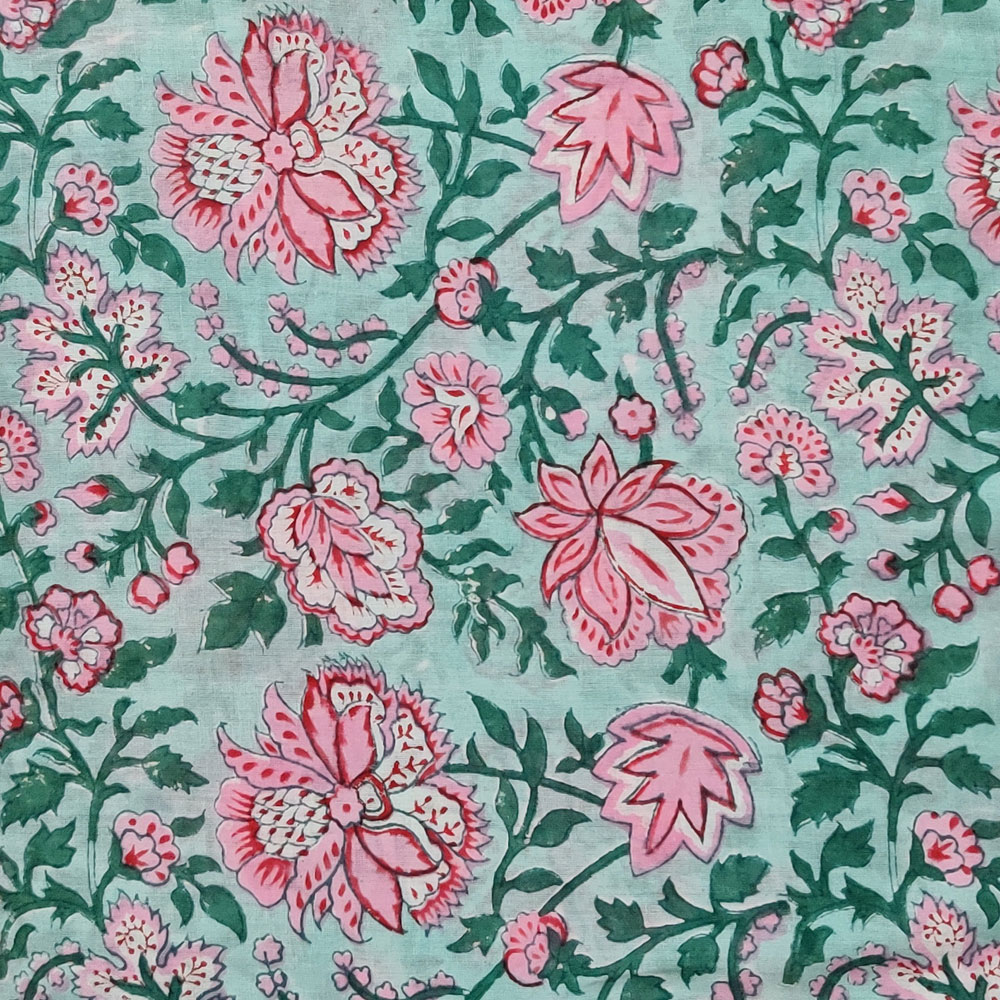5 Yard Running Fabric Hand Block Printed Cotton 20 Sheeting Fabric Mohini Green Gud 620605