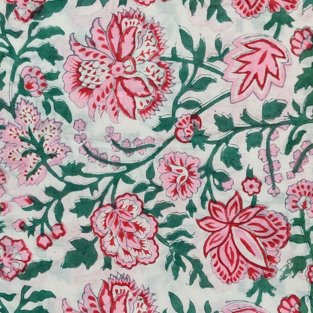 5 Yard Running Fabric  Hand Block Printed Cotton 20 Sheeting Fabric  Mohini Green Open 620606