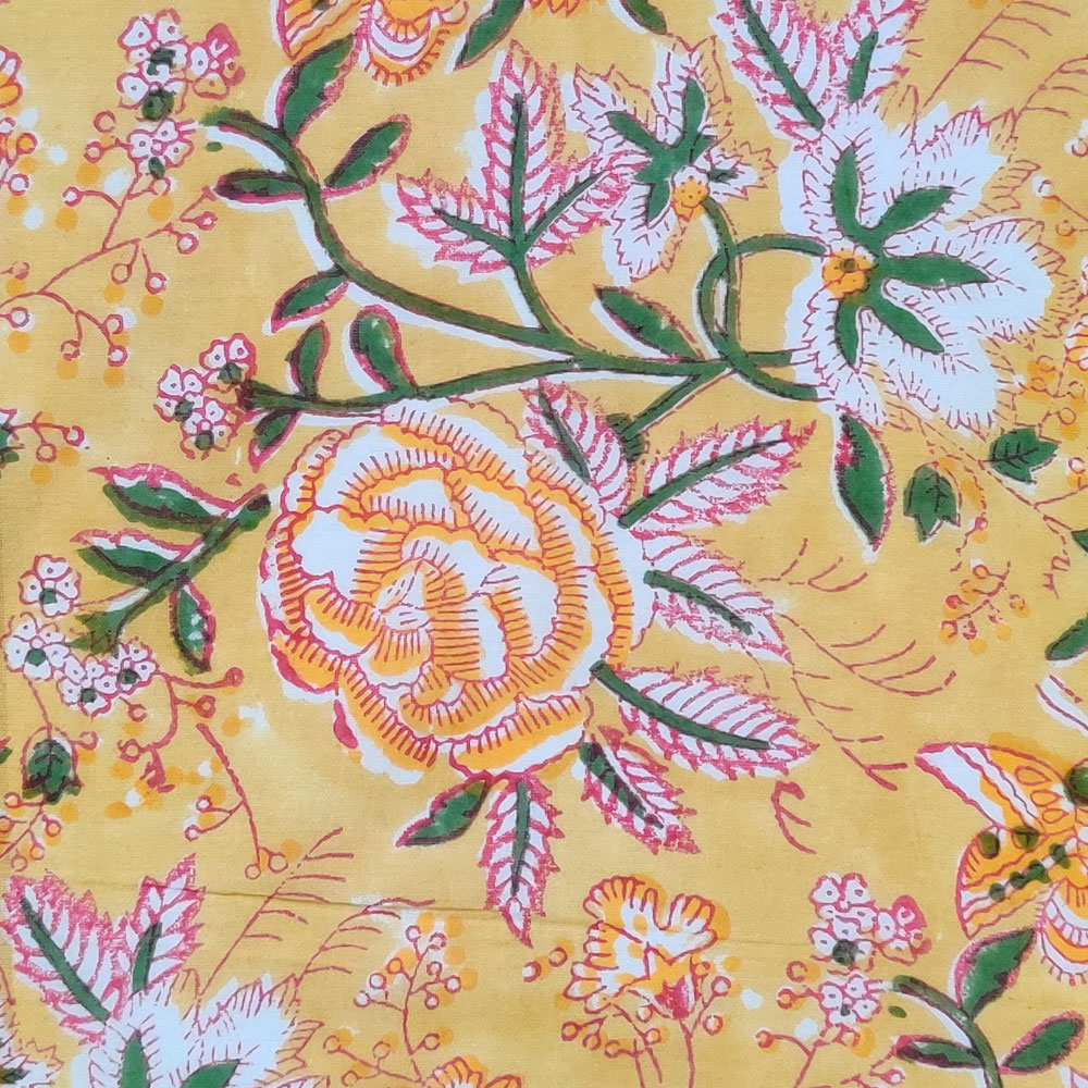 5 Yard Running Fabric Hand Block Printed Cotton Voile Fabric Naya Gulab Mustard 620634