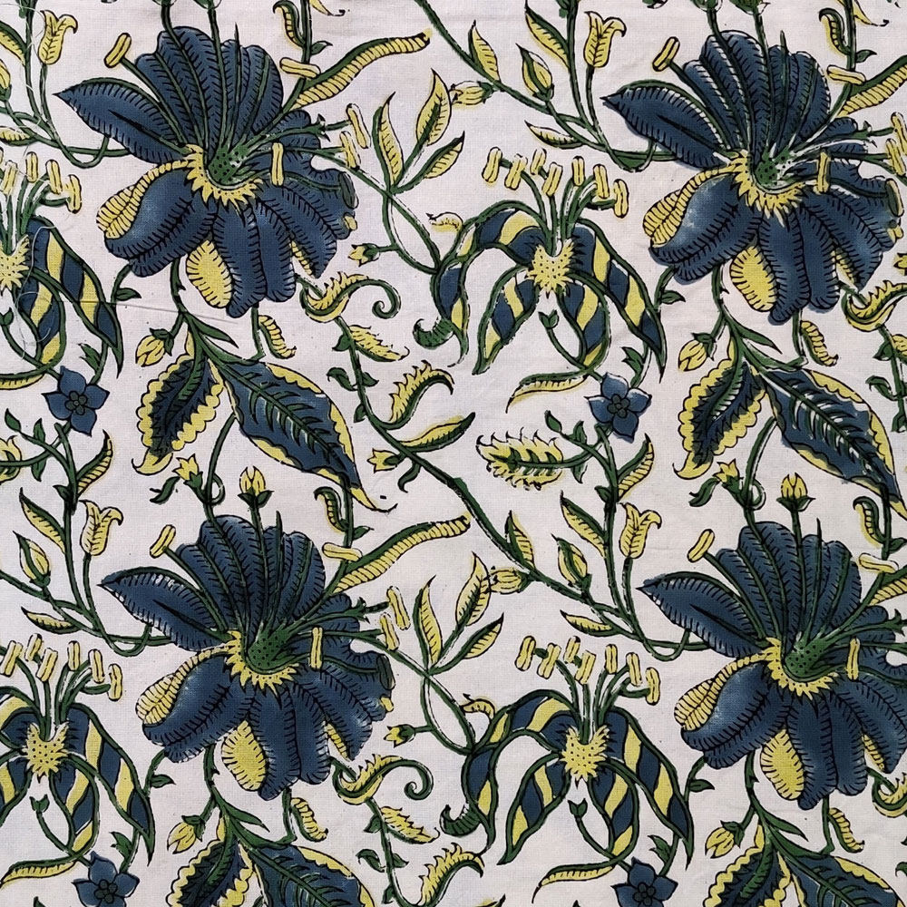 Hand Block Printed on 100 Cotton 5 Yard Fabric SANGANER Olive Flower Open 602178