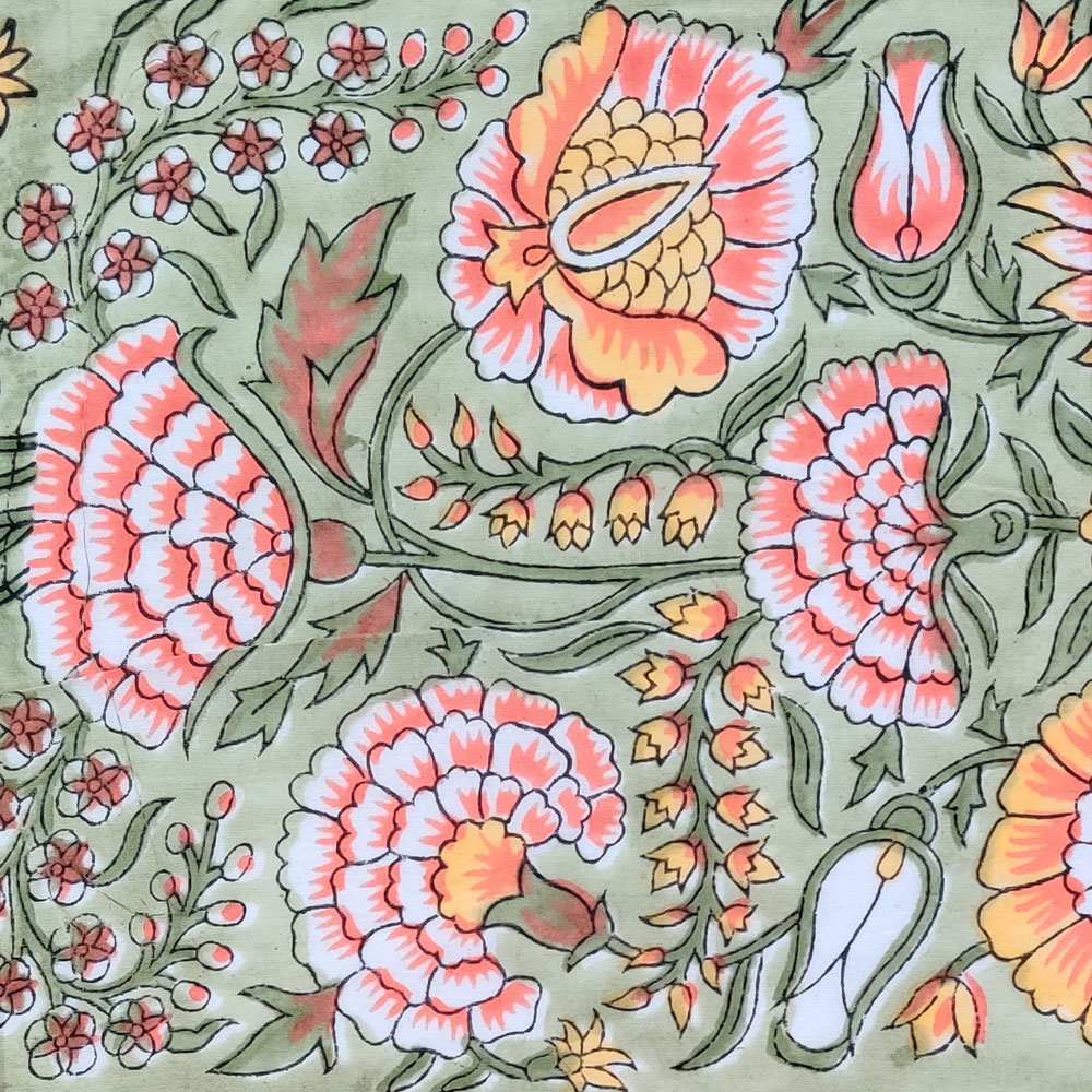 5 Yard Running Fabric  Hand Block Printed Cotton 20 Sheeting Fabric  Reshma Sea Green Gud 203224