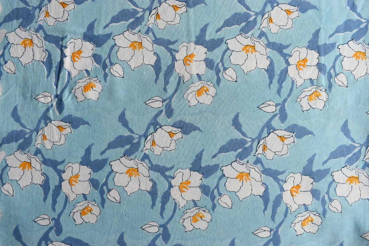 5 Yard Running Fabric Jaipur Block Printed Cotton 20 Sheeting Fabric  Camellia Blue Mist 260919