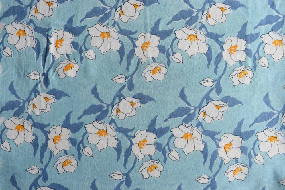 Image of 5 Yard Running Fabric Jaipur Block Printed Cotton 20 Sheeting Fabric | Camellia Blue Mist 260919