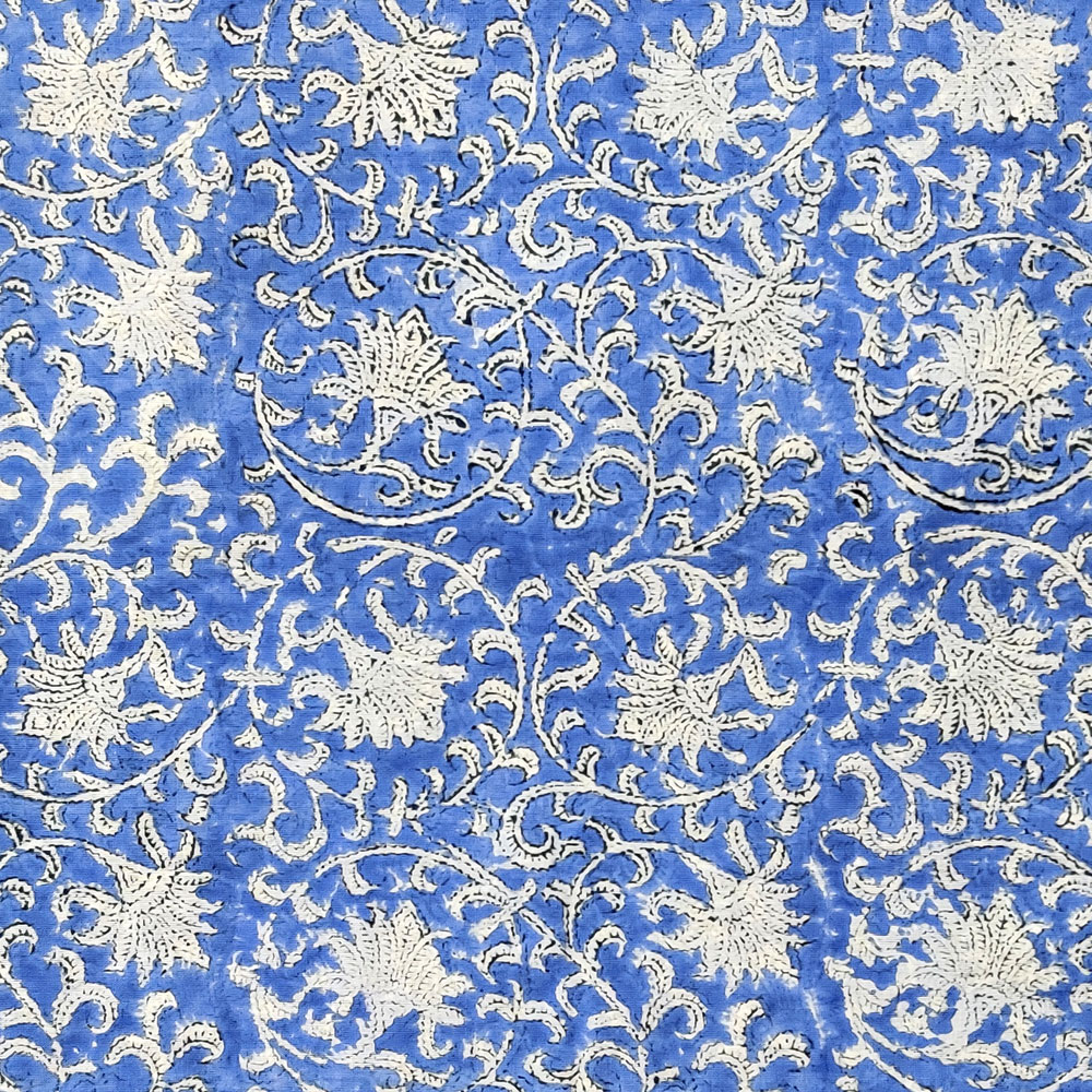 5 Yard Running Fabric Hand Block Printed Cotton Voile Fabric Floral Blue 701945