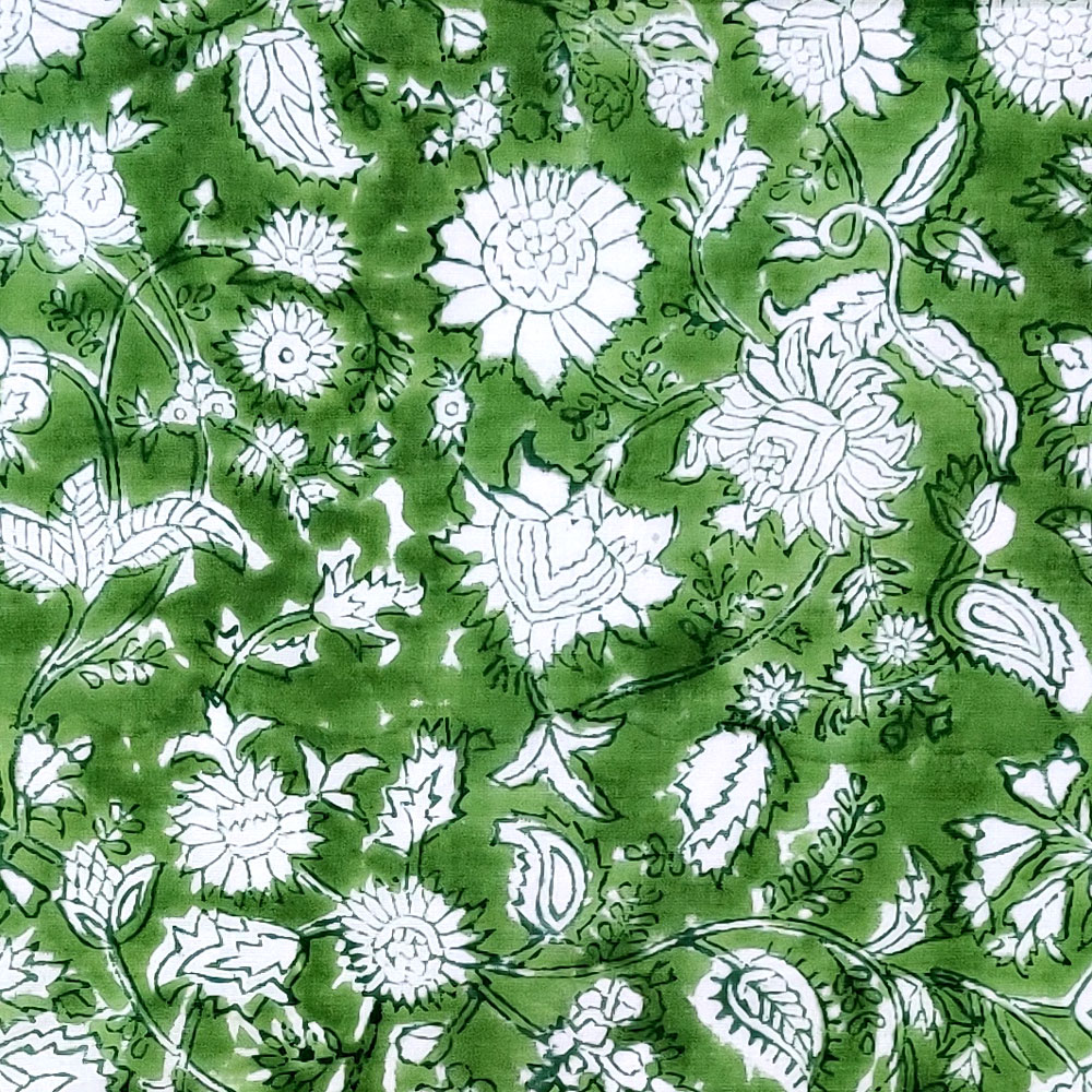 5 Yard Running Fabric Hand Block Printed Cotton Voile Fabric Floral Green 701949