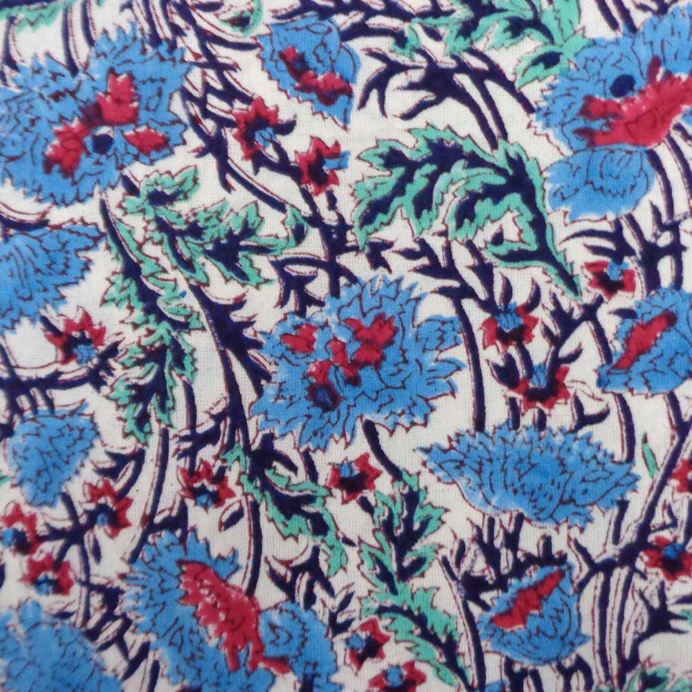 5 Yard Running Fabric Hand Block Printed Cotton Fabric Bush Flower Blue Open 104855