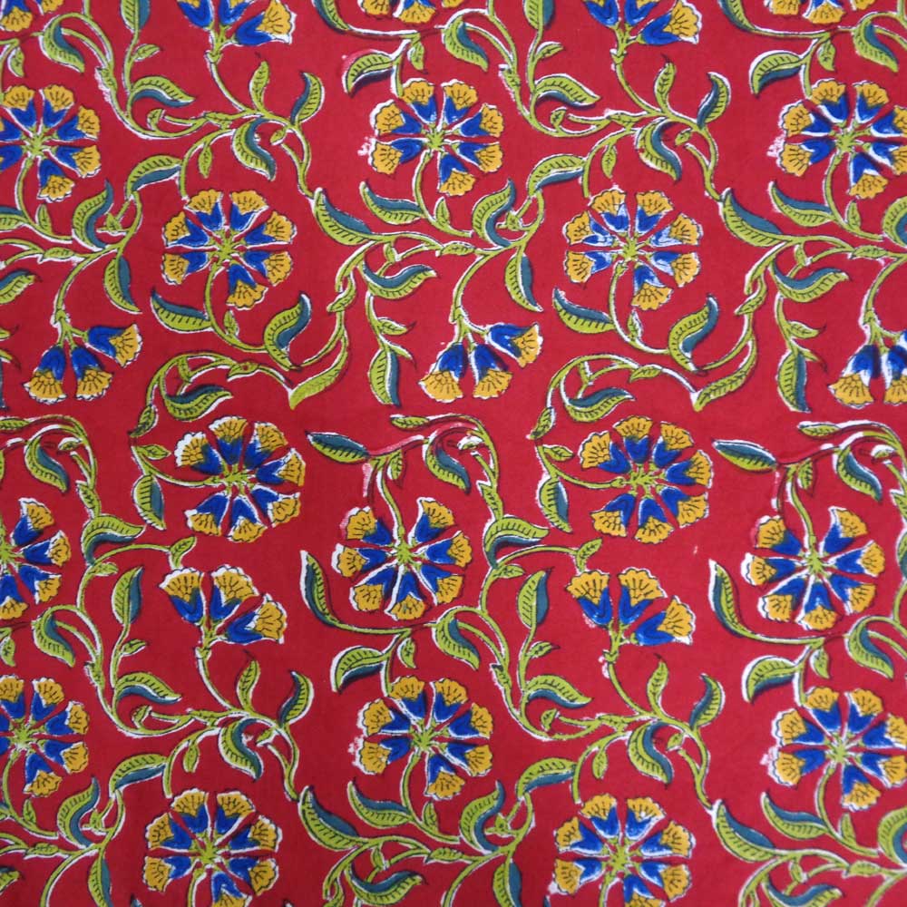 5 Yard Running Fabric  Hand Block Printed Cotton 20 Sheeting Fabric  Chakri Red Gud 101748