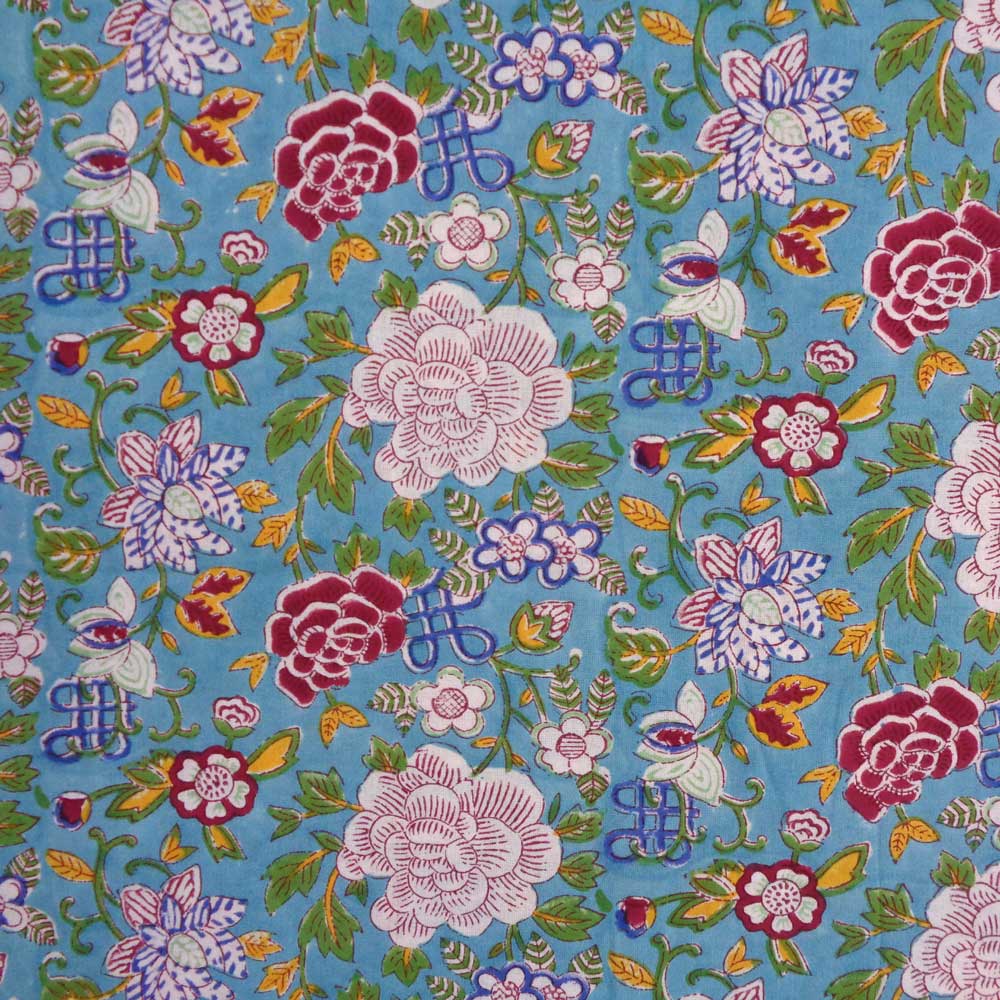 5 Yards Running Fabric Hand Block Printed Cotton Fabric Floral Canvas Blue Jade Gud 206865
