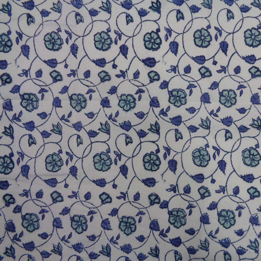 5 Yard Running Fabric Hand Block Printed Cotton 20 Sheeting Fabric Floral Kali Blue 203903