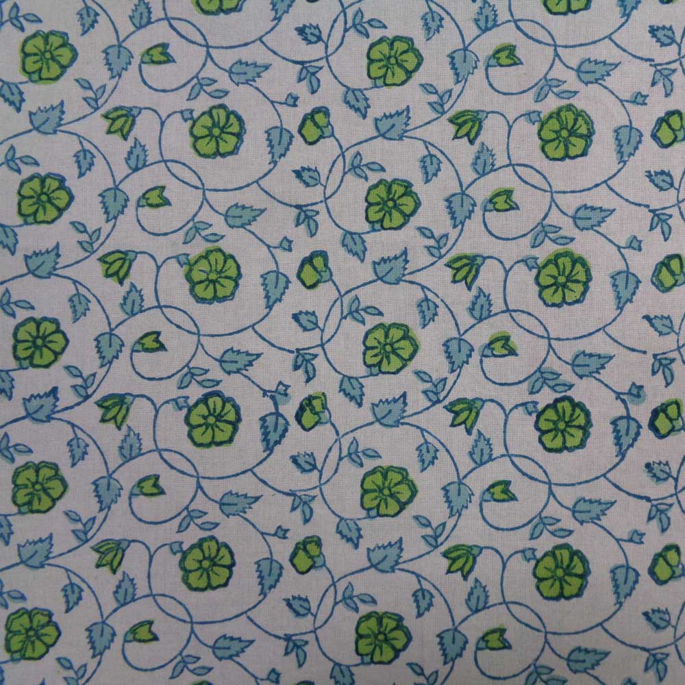 5 Yard Running Fabric  Hand Block Printed Cotton 20 Sheeting Fabric  Floral Kali Green 203892