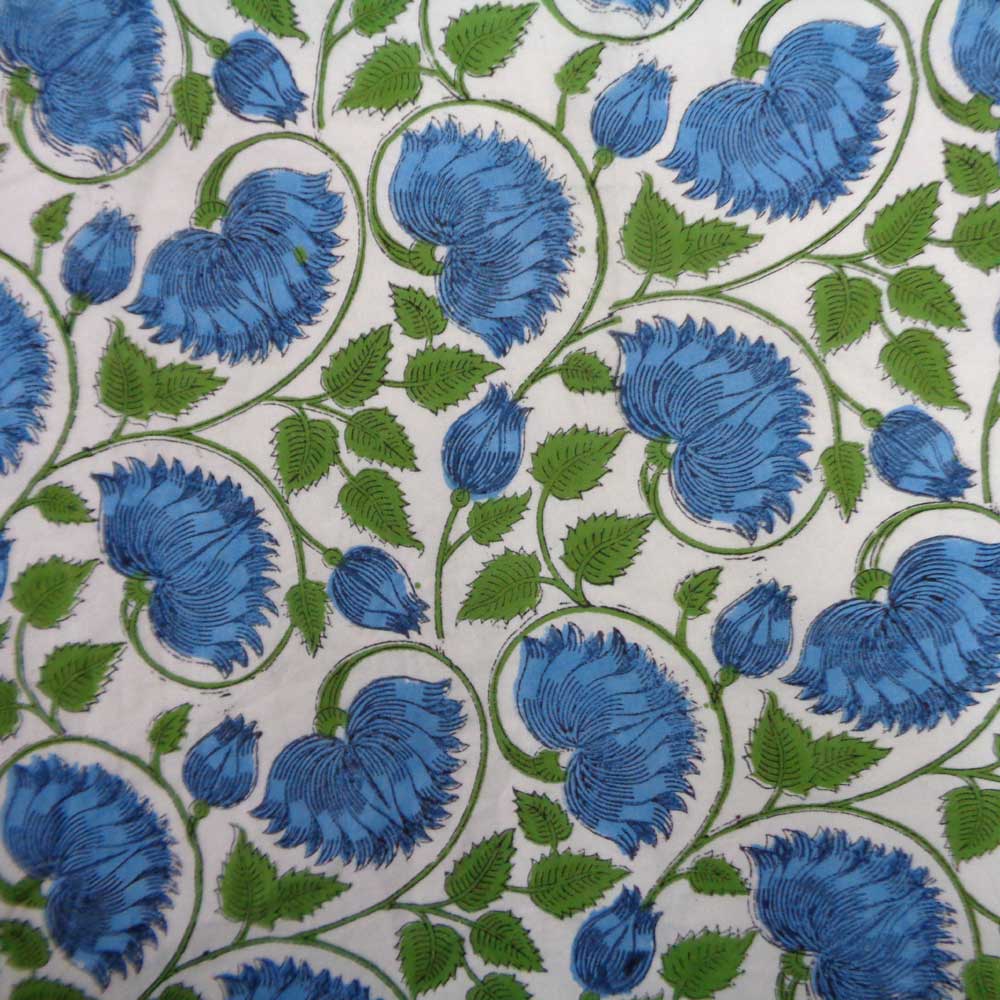 5 Yard Running Fabric Hand Block Printed Cotton 20 Sheeting Fabric Kamal Aqua Open 106099
